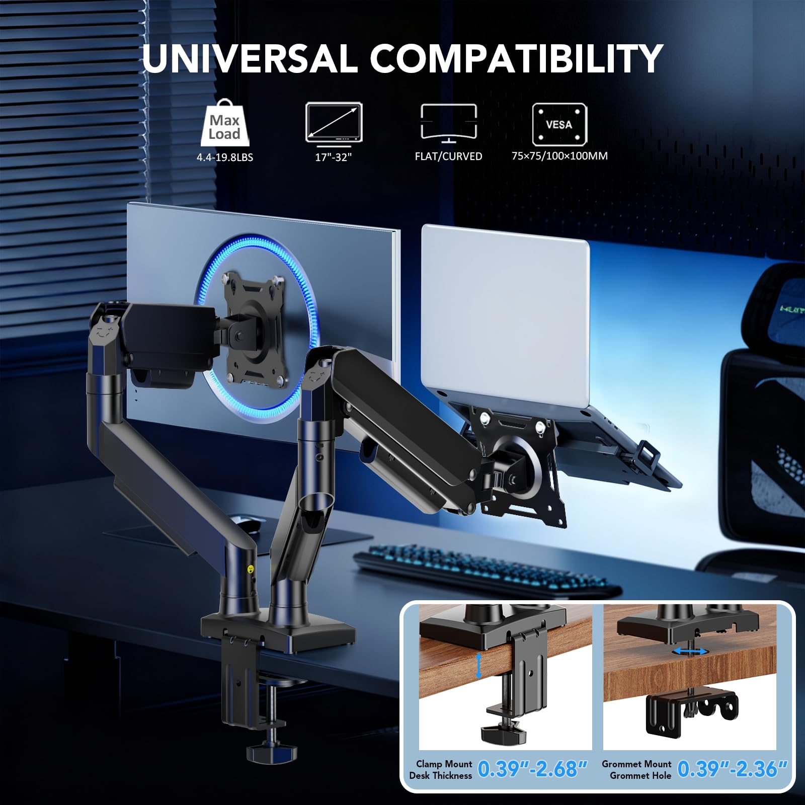 AX WABER Support Double Écran PC Bras Articulé Dual pour 2 Moniteurs 17-32" VESA 75x75/100x100 AX09DB201