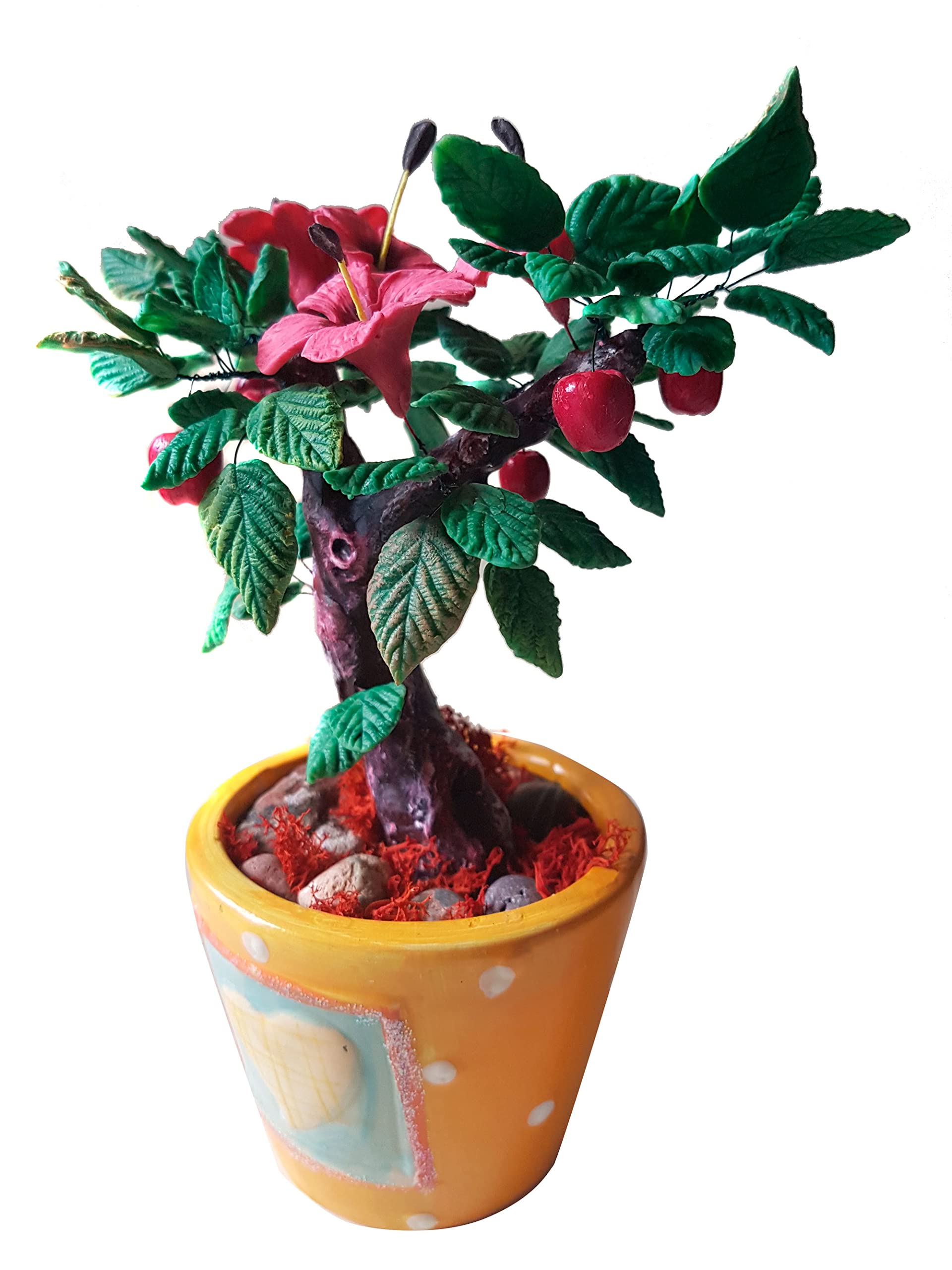 Bonsai de Porcelana Rusa Miniatura Arbol artificial Hibiscus y manzanas regalo y decoración hecho a mano