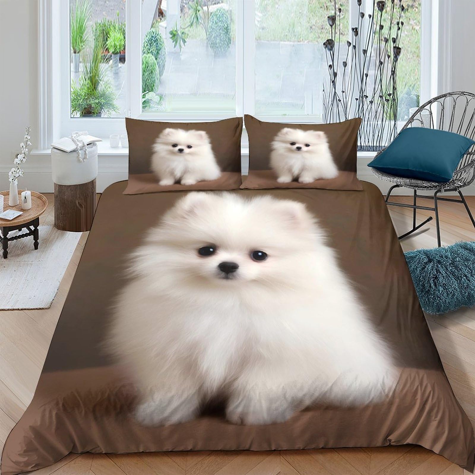 Ctjqhvkz Style-3 3D Printed Fluffy White Dog Fitted Sheet Microfiber Soft Anti-Slip Cute Puppy Bed Cover For Bedroom Dorm Mattress Decor Single（135X200cm）