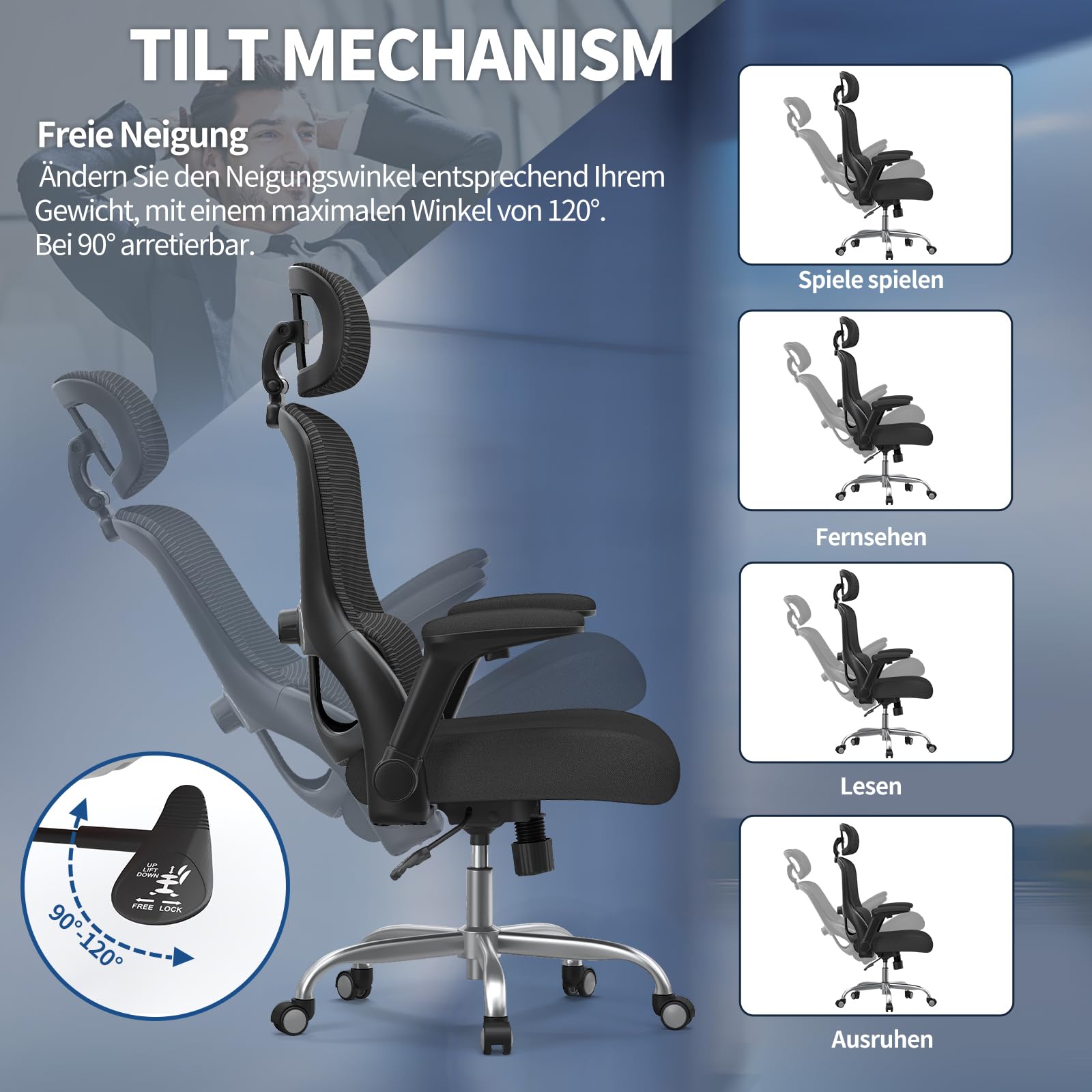 TRALT Bürostuhl Ergonomisch - Bürostuhl - Gaming Stuhl mit Verstellbare Kopfstütze Lordosenstütze Home Office Desk Chair - Schreibtischstuhl Computerstuhl für Große Menschen Mesh-Stuhl 150kg Schwarz