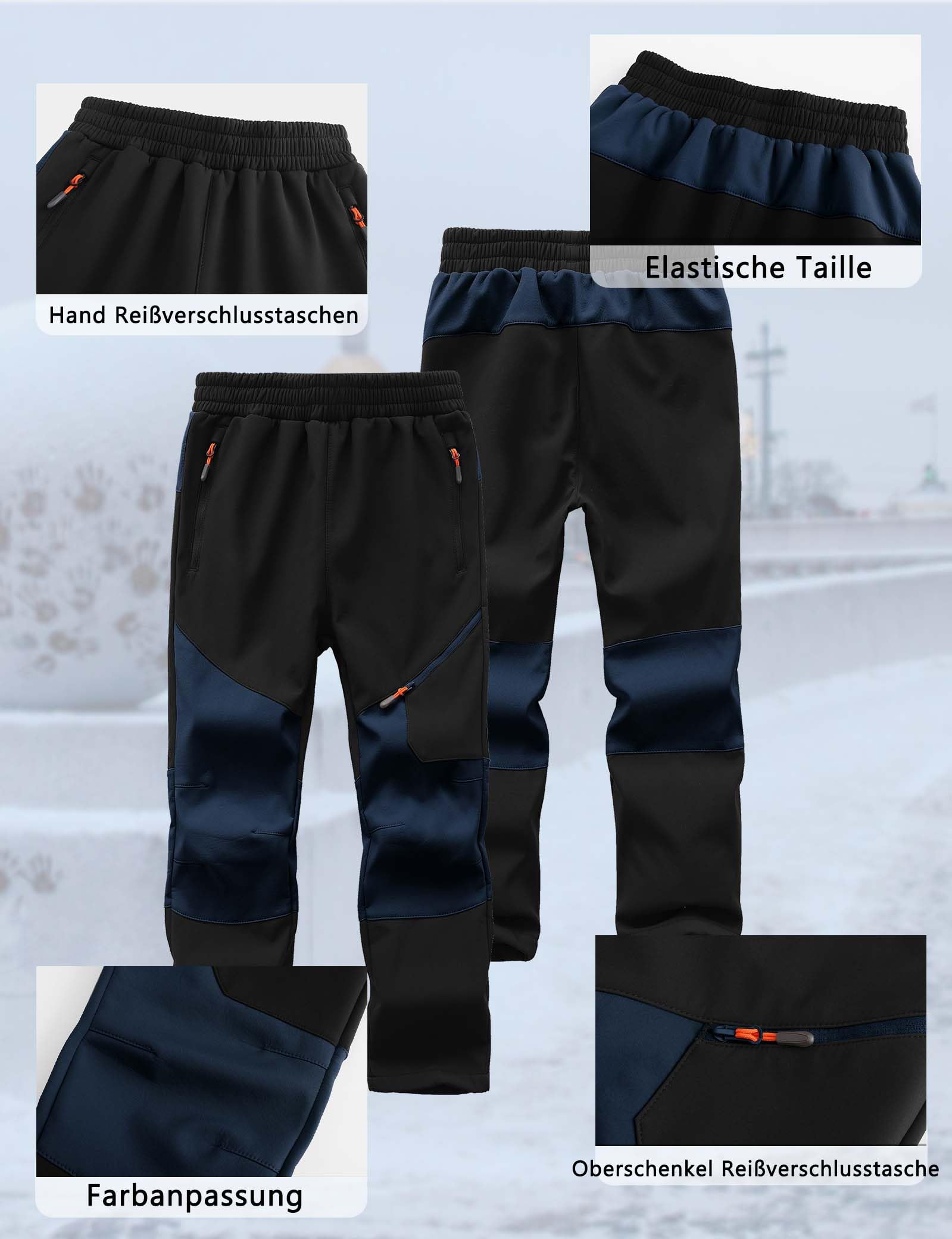 Bambini Snow Ski Pants Hiking Ragazzi Ragazze Outdoor Impermeabile Windproof Fleece Caldo Snowboard PantsBlack+Dark Blue-146-152