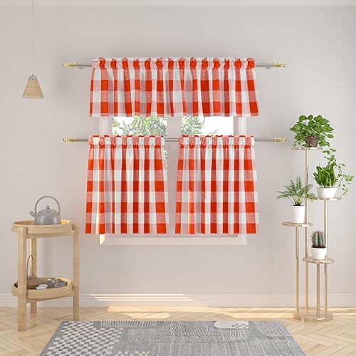 Miniatura 15 de Juego de 3 piezas de cortinas de ventana de cocina estilo campirano clásico de algodón - Conjunto de cenefa y volado a cuadros Buffalo en rosa y