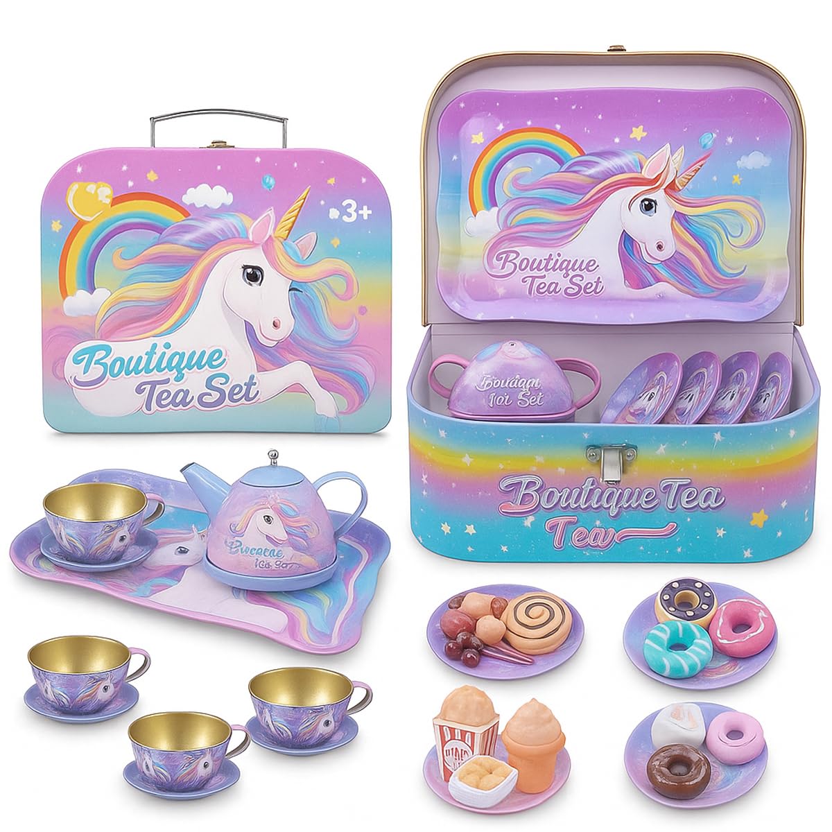Kids Unicorn Tea Party Set Pretend Role Play Tin Tea Set Toy for Toddlers Desserts & Carrying Case Indoor Kitchen Accessories Set Fun Game for Boys & Girls Ages 3+ Years Gift for Kids