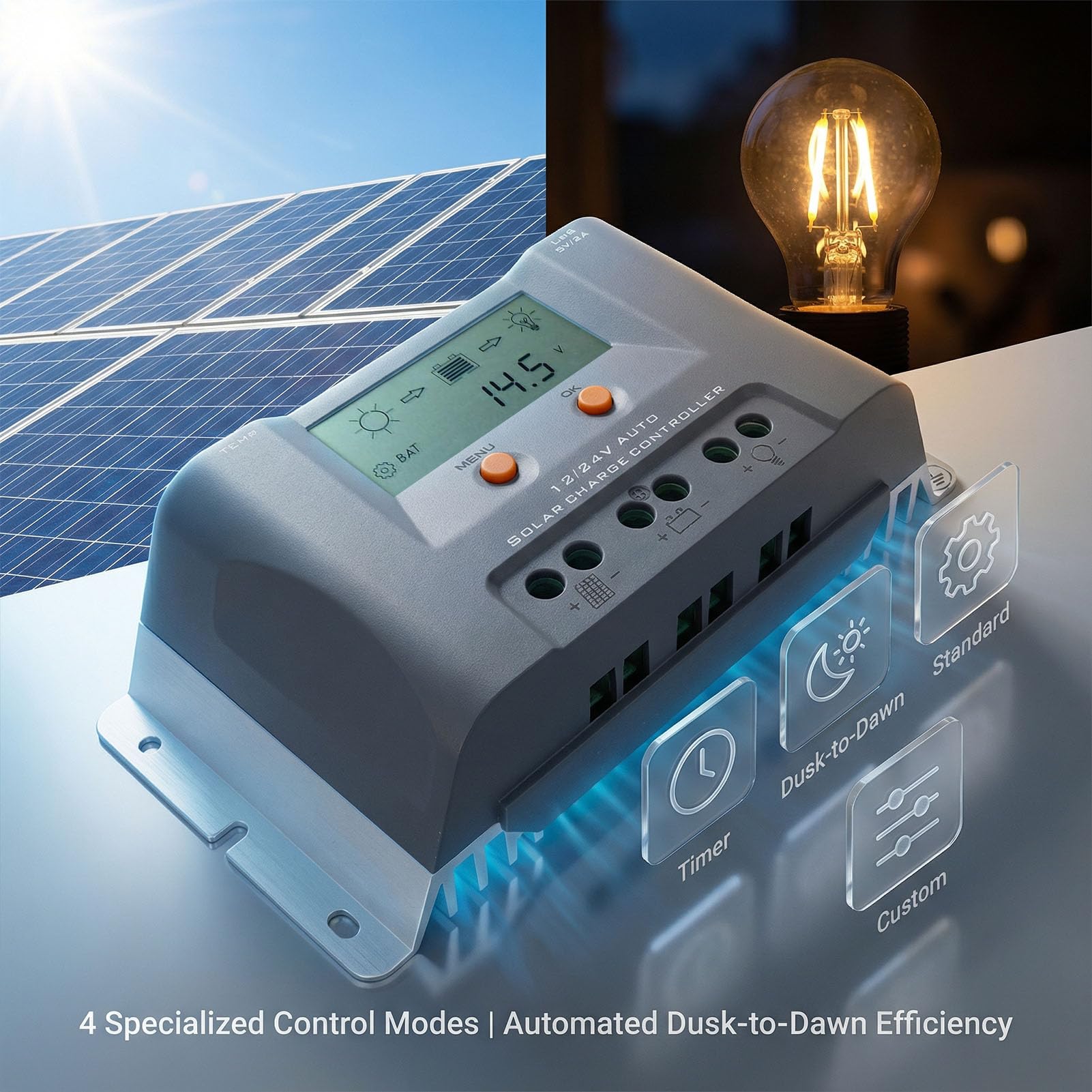 Durable 40A MPPT Solar Charge Controller with USB Ports for Communication