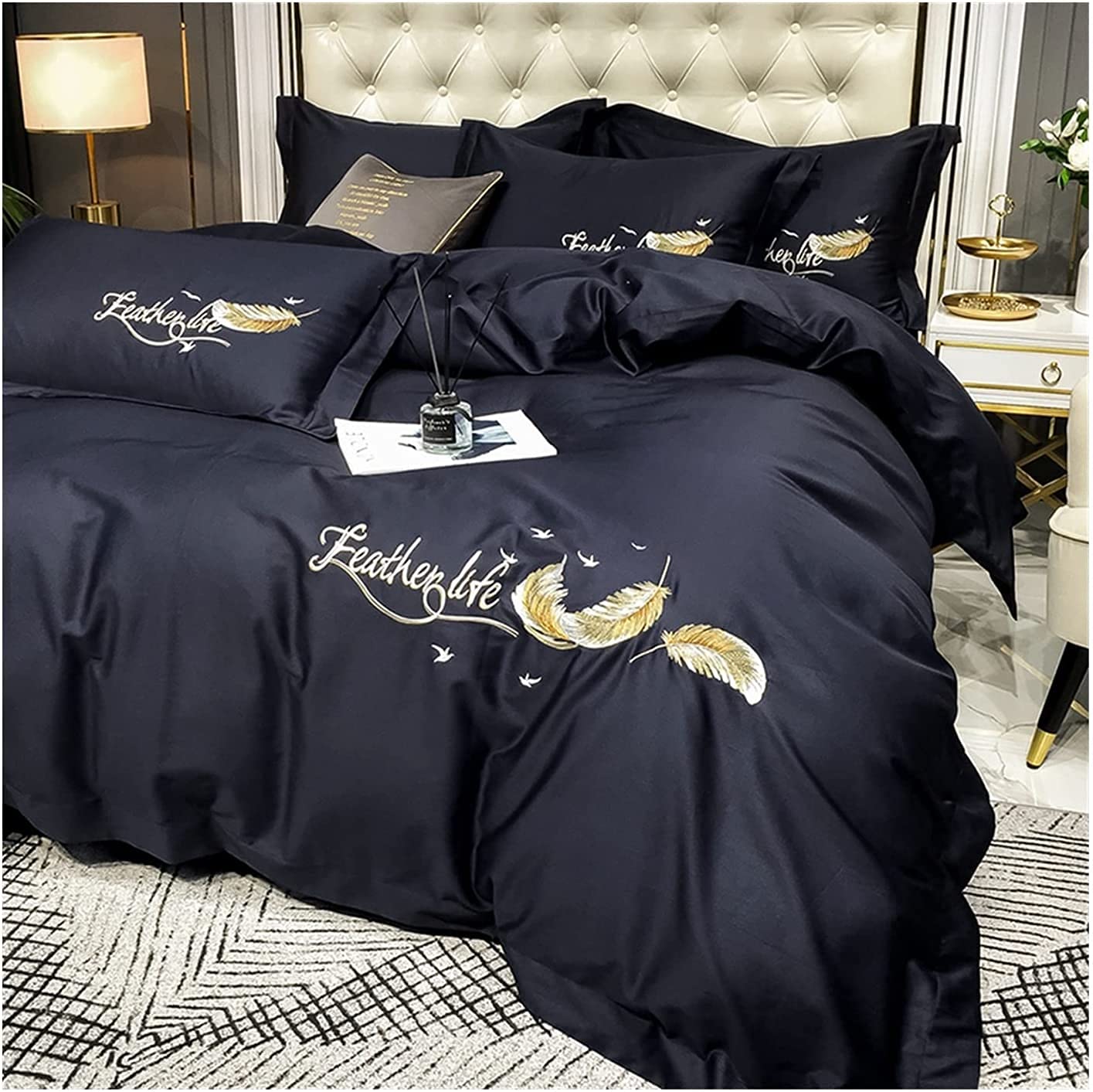 FBITE FXJ Wrinkle Stain Resistant Four Piece Bed Set 4-Piece Twin/Double Duvet Cover Set 100% Cotton Five-Star Hotel Style Ultra Soft Quilt Cover Set Queen Size Sheet Set (Blue C 180x200cm)