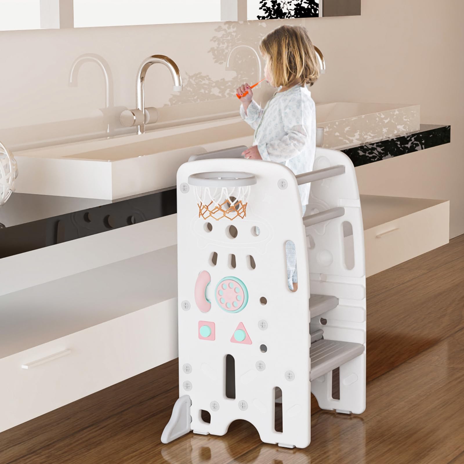 Gupamiga Lernturm für Kinder, Montessori Küchenhelfer, Learning Tower mit Kippschutz, 3 Stufen Höhenverstellbar SST-02