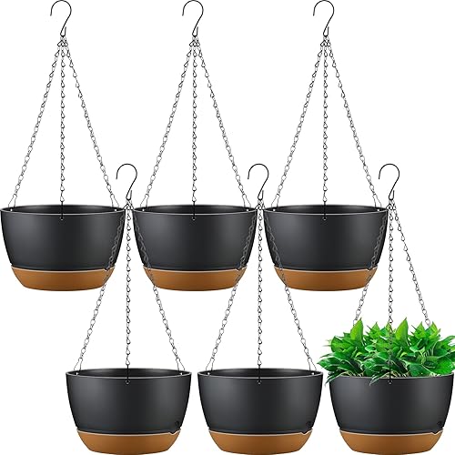 Remerry Juego de 6 macetas colgantes de 11.2 pulgadas para plantas de interior y exterior, juego de macetas colgantes de plástico con agujeros de