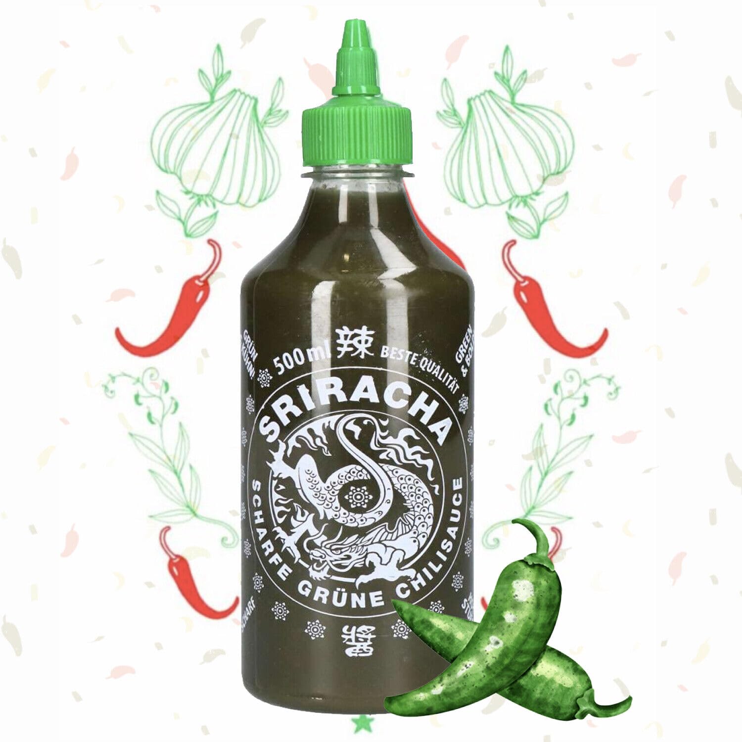 A-One Sriracha Salsa de chile verde, 12 x 500 ml, 12 unidades de salsa de chile, hecha de chiles verdes, ideal para sushi, gastronomía