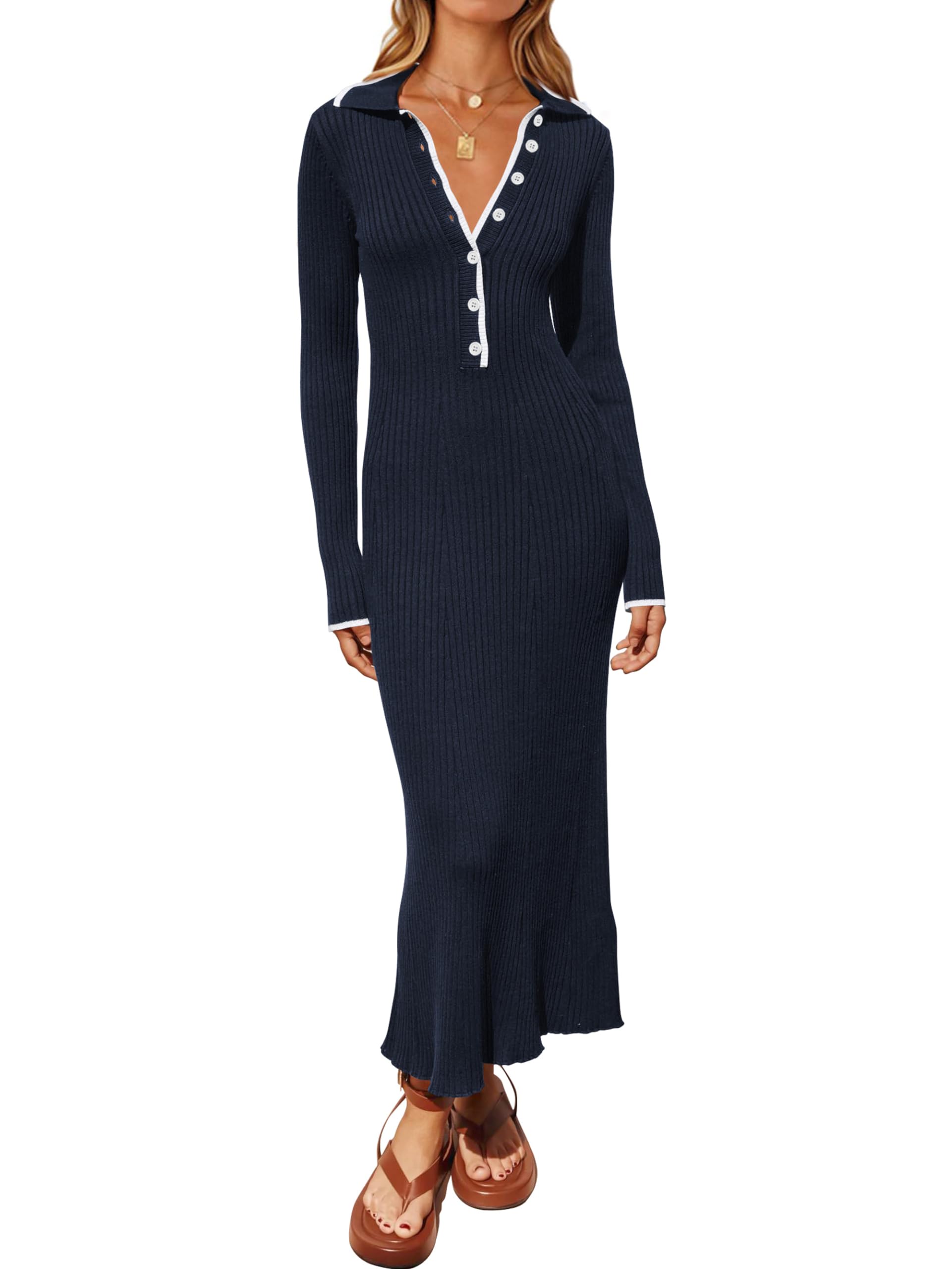 MASCOMODA Abito da donna a maniche lunghe con scollo a V, casual, con risvolto e bottoni, vestibilità aderente, a costine, maxi abiti lunghi
