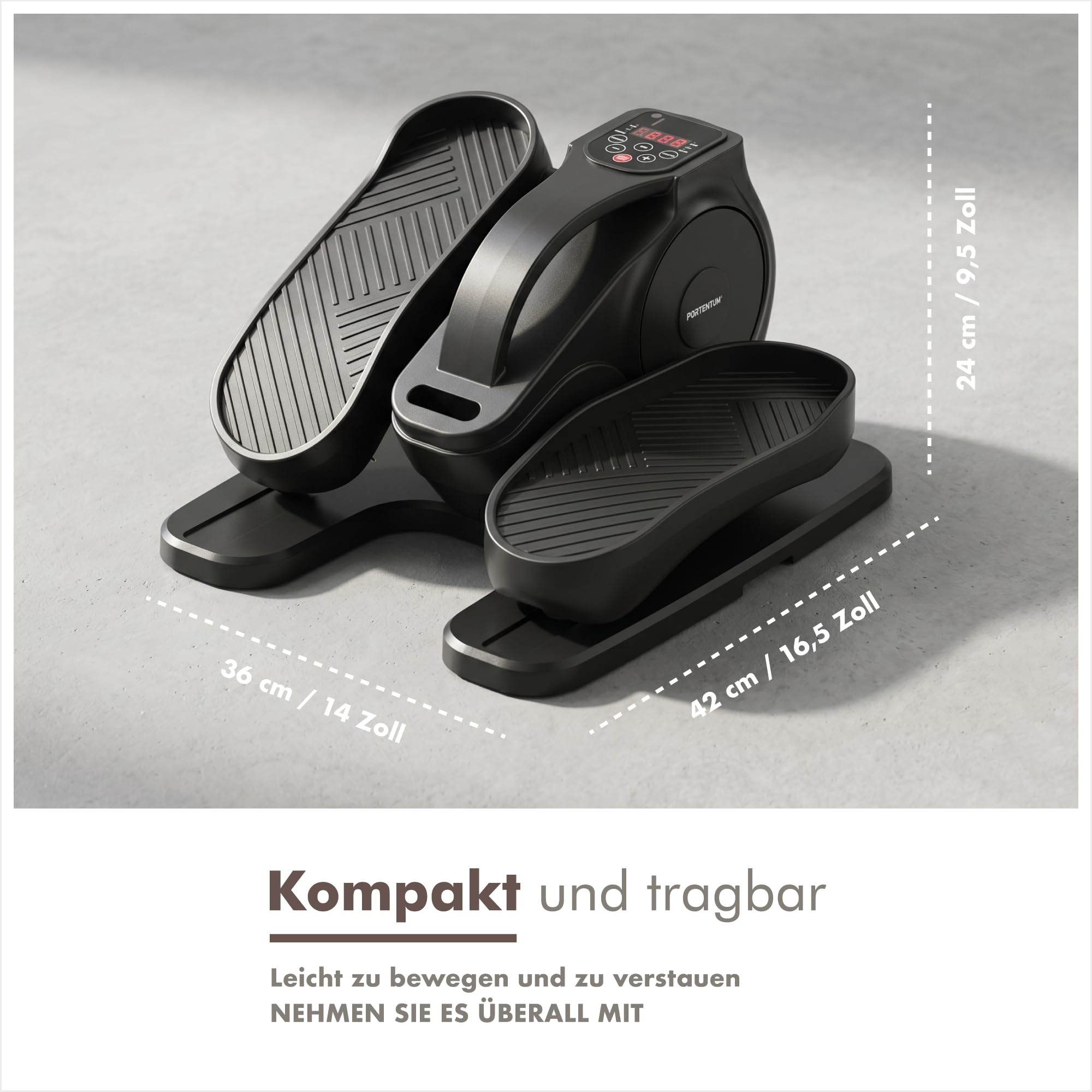 PORTENTUM Mini Ellipsentrainer elektrisch mit Widerstandsbändern – Matte und Schlaufen – Pedaltrainer für Senioren automatisch und manuell mit 12 Geschwindigkeiten – Fernbedienung – Kompakt für Büro