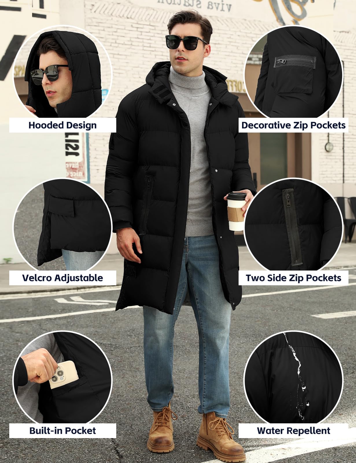 Yuson Gir Abrigo Hombre Chaqueta Largo Hombre Invierno Ligero y Resistente Agua Parka Grueso Cazadora con Capucha Cálido Acolchado Abrigos Cremallera Viento Coat Chaquetón