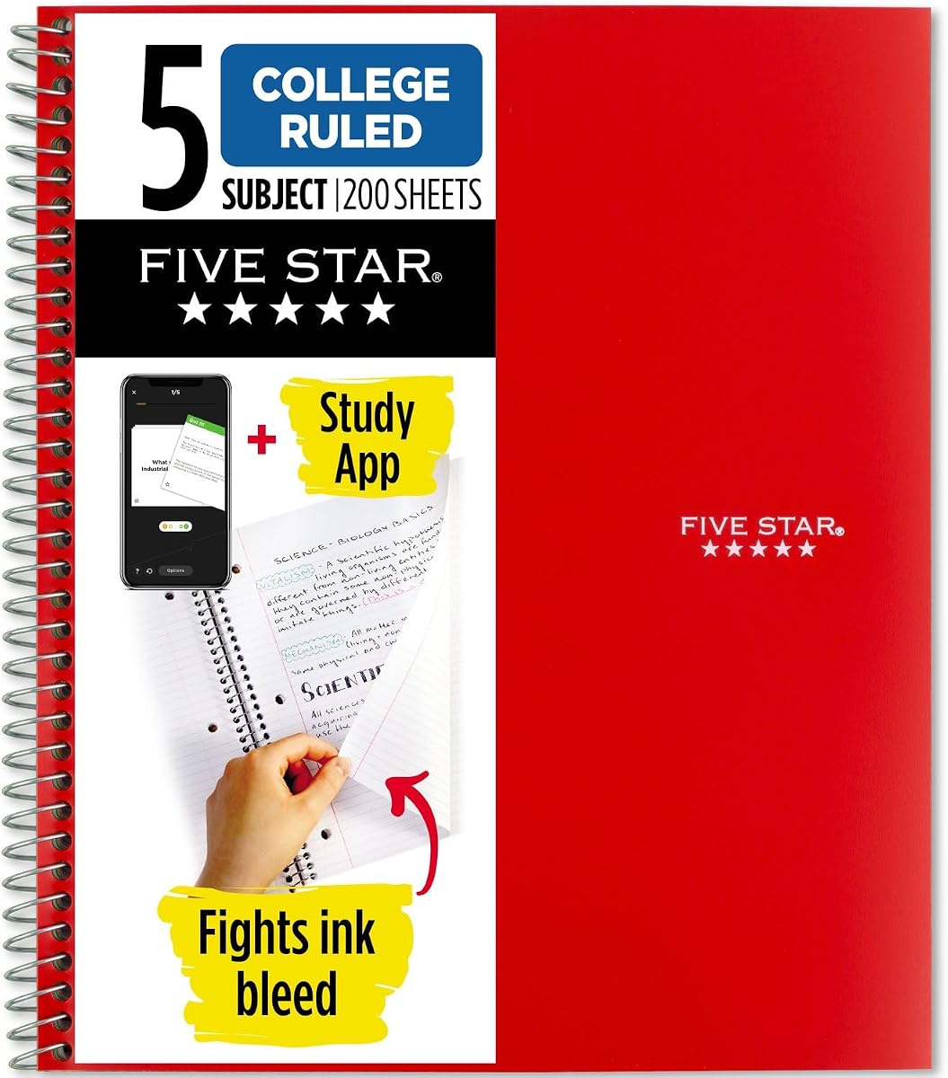 Five Star Spiral Notebook + Study App, 5 Subject, College Ruled Paper, Fights Ink Bleed, Water Resistant Cover, 8-1/2" x 11", 200 Sheets, Color Will Vary (06208)
