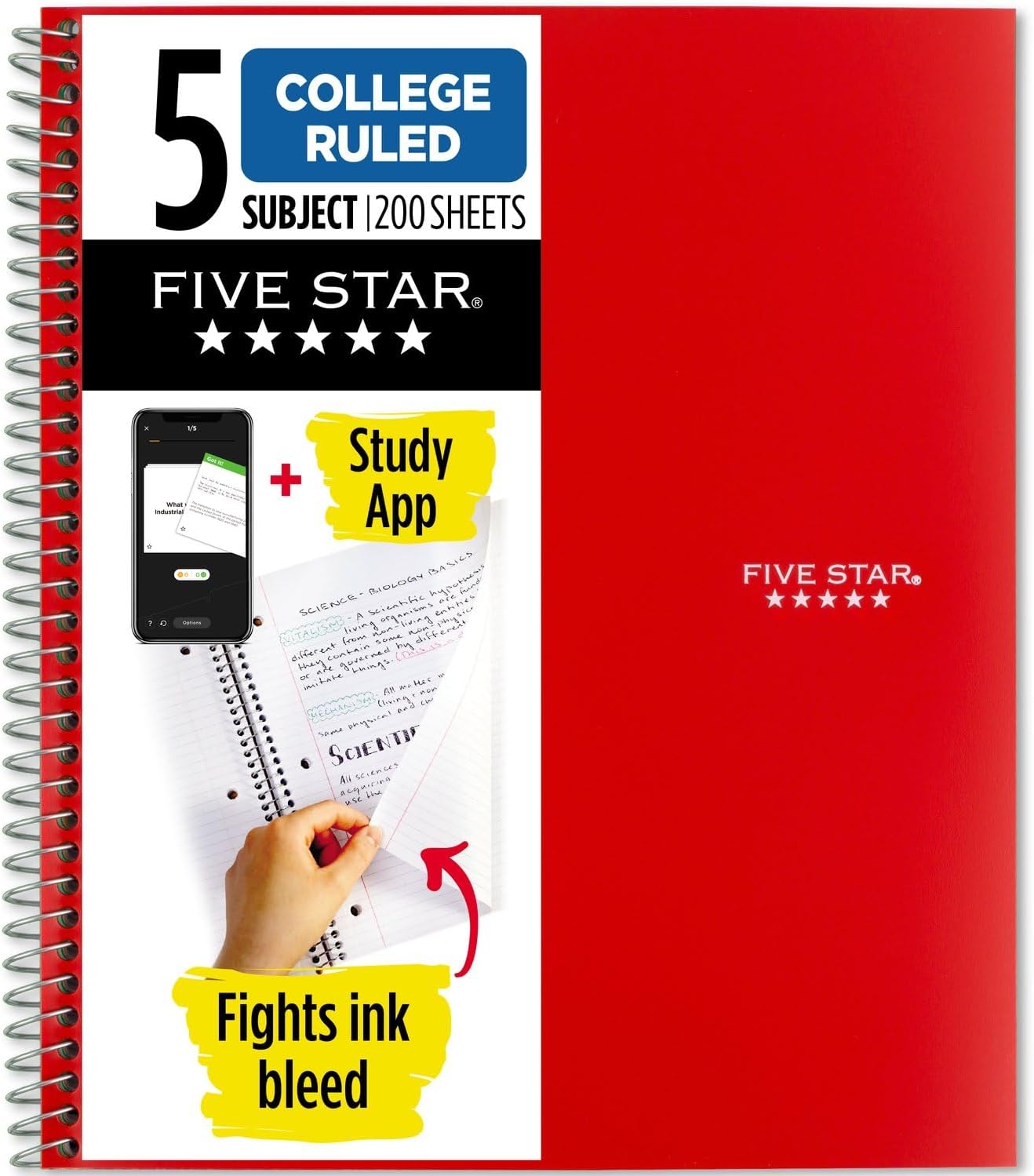 Five Star Spiral Notebook + Study App, 5 Subject, College