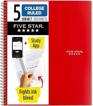 Five Star Spiral Notebook + Study App, 5 Subject, College Ruled Paper, Fights Ink Bleed, Water Resistant Cover, 8-1/2" x 11", 200 Sheets, Color Will Vary 06208