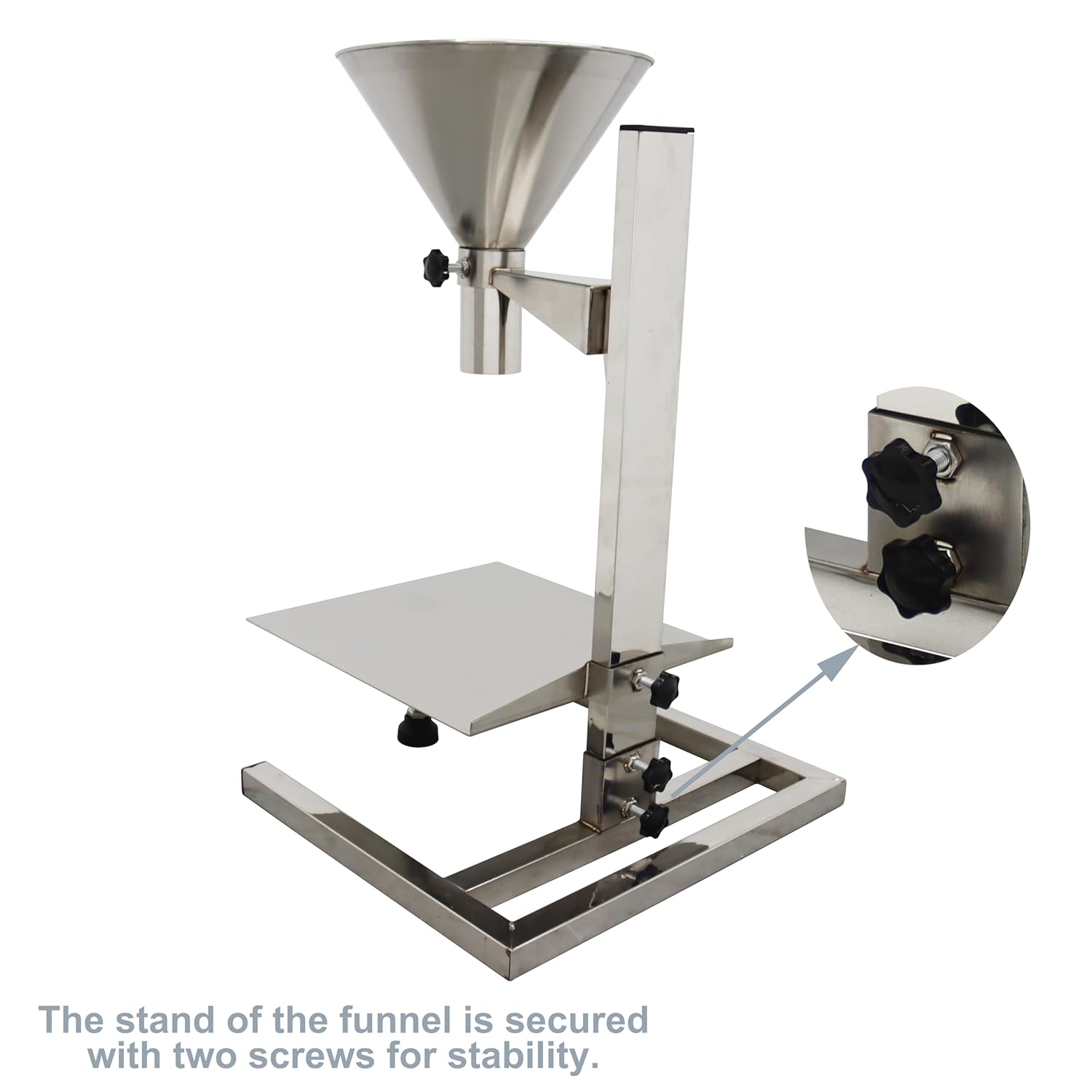 TECHTONGDA Stainless Steel Funnel Food Grade Kitchen Feeding Hopper with Support Stand and Lifting Platform for Powder, Paste, Liquid, Granule Manual Filling Package Bottom Diameter 2 Inch