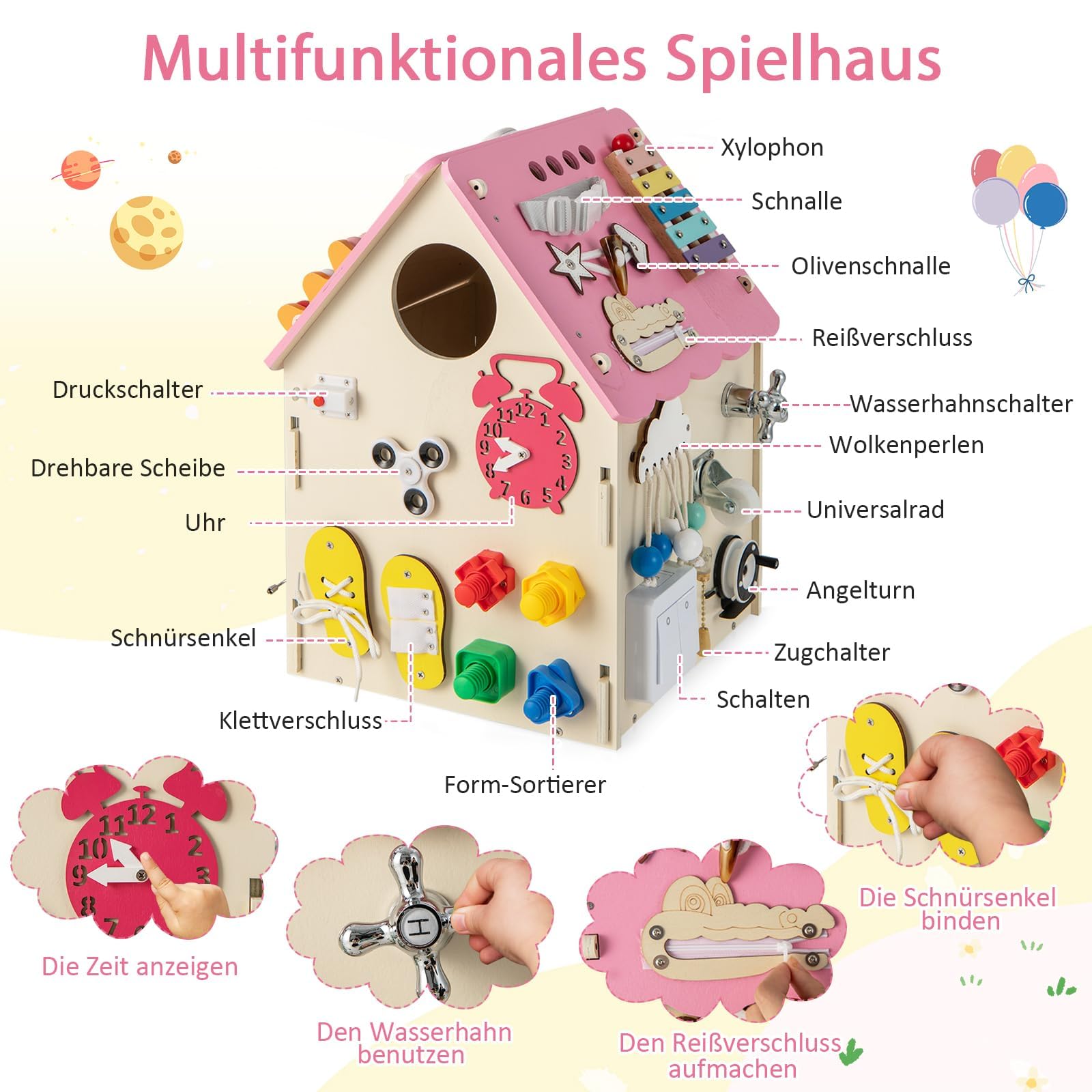 COSTWAY Kinder Spielhaus aus Holz, pädagogisches Spielzeughaus mit Sinnesspielen und Stauraum, sensorisches Lernspielzeug Montessori für die Feinmotorik, Aktivitätswürfel für Kinder ab 3 Jahren (Rosa)