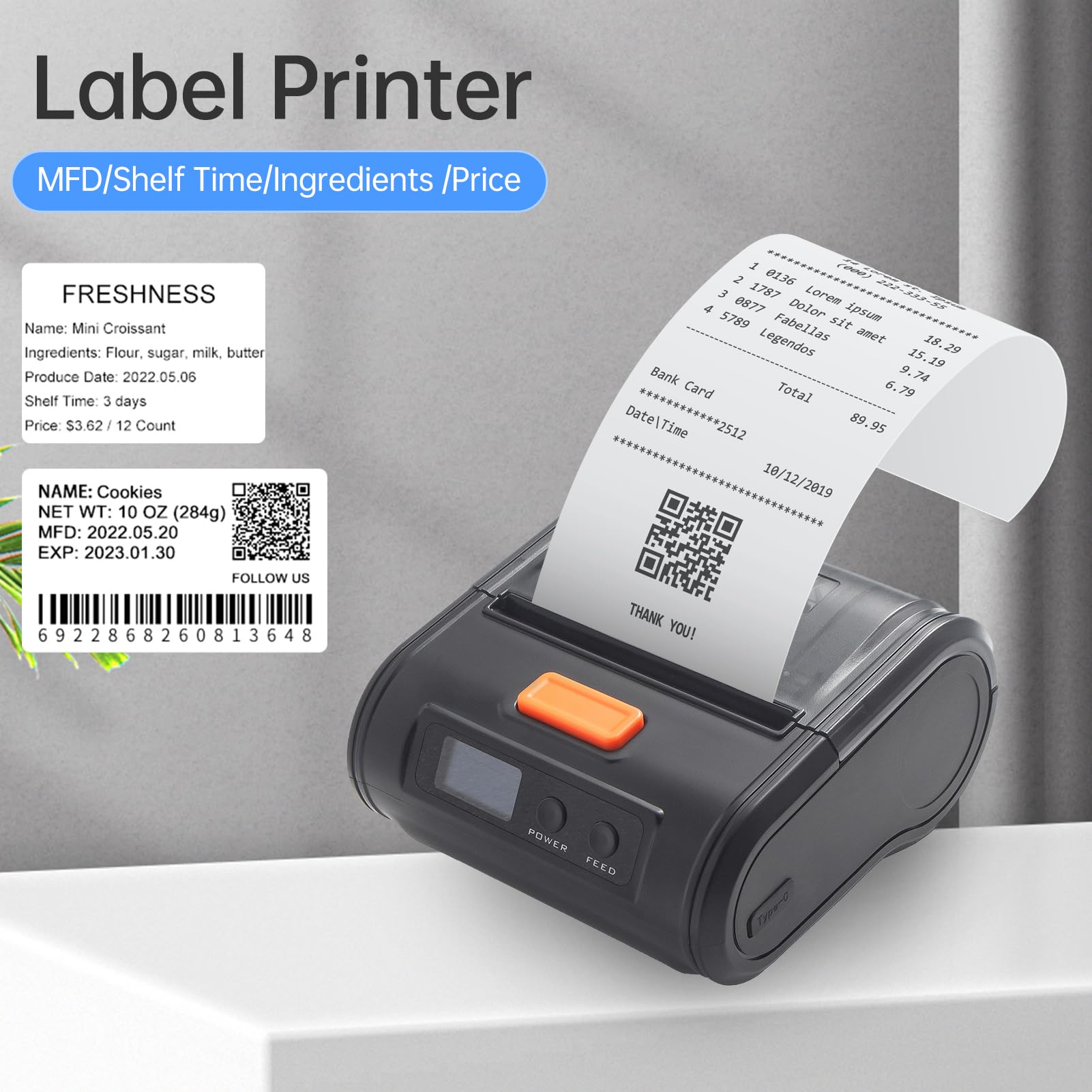 Stampante per Ricevute Portatile 80mm Mobile POS Stampante Termica Diretta con connettività Bluetooth USB Compatibile con Smartphone IOS Larghezza Carta Regolabile 3080mm