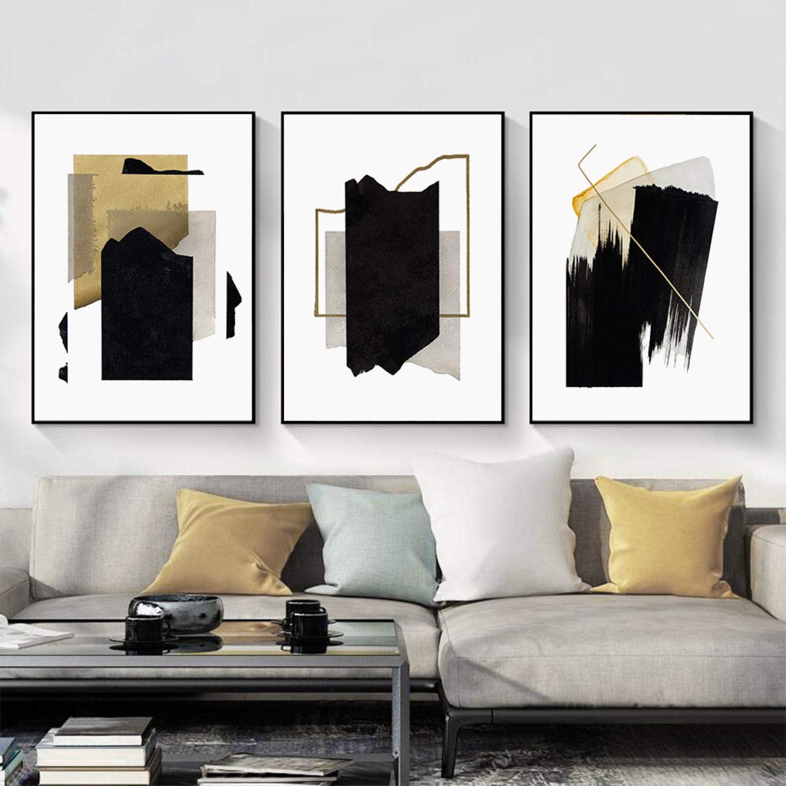 Image salon décor maison géométrique abstrait noir or triptyque - 8