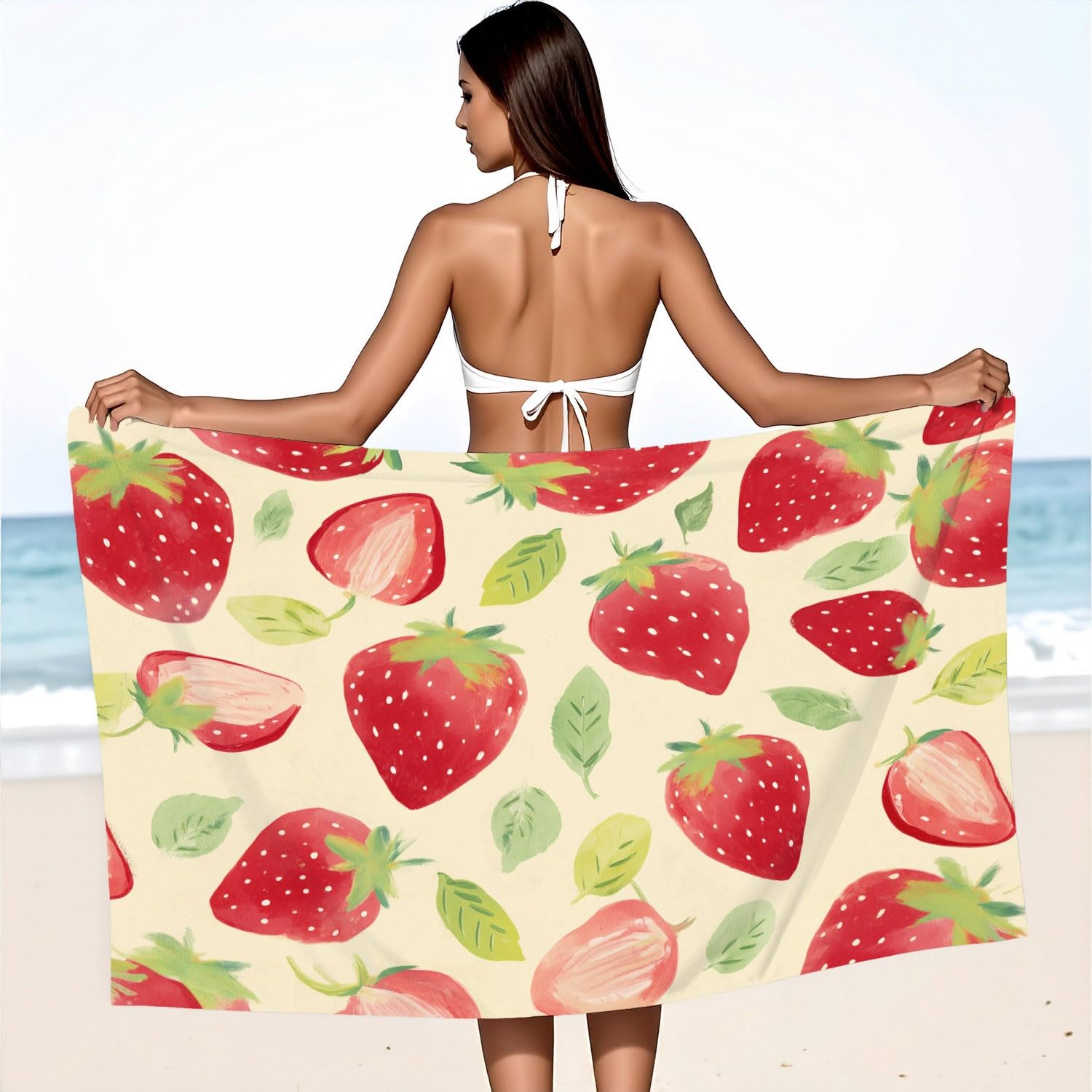 Générique Serviette de Plage Microfibre 200 x 100 CM,Drap de Plage Rustique, Campagne, Dessiné à la Main, Couverture de Plage Absorbante,Couverture de Bain Fraise Rouge