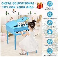 Vista 8 de Goplus Piano de juguete clásico para niños de 30 teclas, mini piano de madera estilo grand con banco, tapa para piano, estante para música, juguete