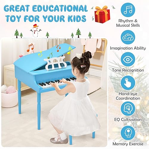 Miniatura 8 de Goplus Piano clásico de 30 teclas para niños, mini piano de cola de madera para aprender a tocar instrumento musical con banco, tapa de piano,