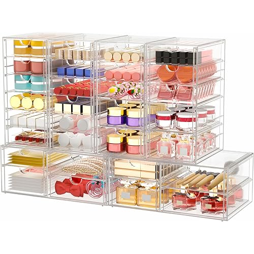 Makeup Organizer Storage with 30 Drawers, 6 Pack Desktop Office Supplies, Desk Organizers, Clear Desk Accessories, Dustproof Drawer Organizer and Storage for Make Up, Jewelry, Pen etc