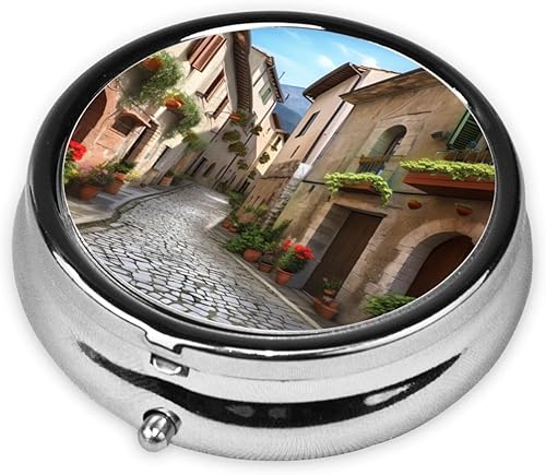 Miniatura 2 de Pastillero redondo Italian Town Street lindo pequeño pastillero de 3 compartimentos para bolsillo de bolso, contenedor de píldoras portátil para