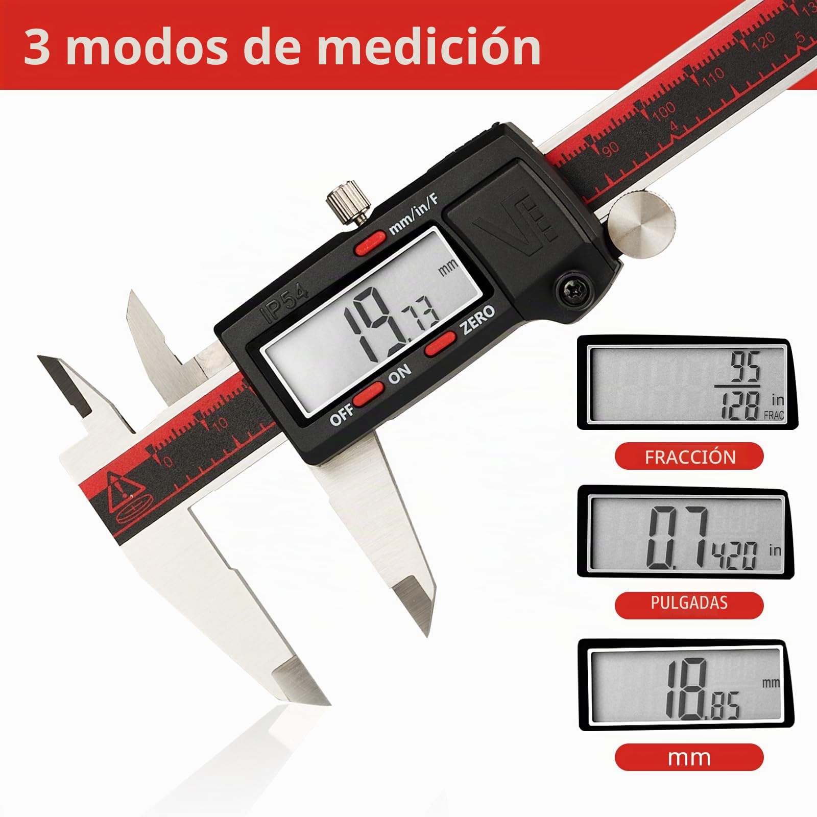 VINCA DCLA-0605 Caliper digital electrónico en Pulgadas/métrica/Fracciones 0-6 pulgadas/150 mm Caja de Acero Inoxidable Rojo/Negro Extra Grande LCD Auto Off Herramienta de Medición VINCA
