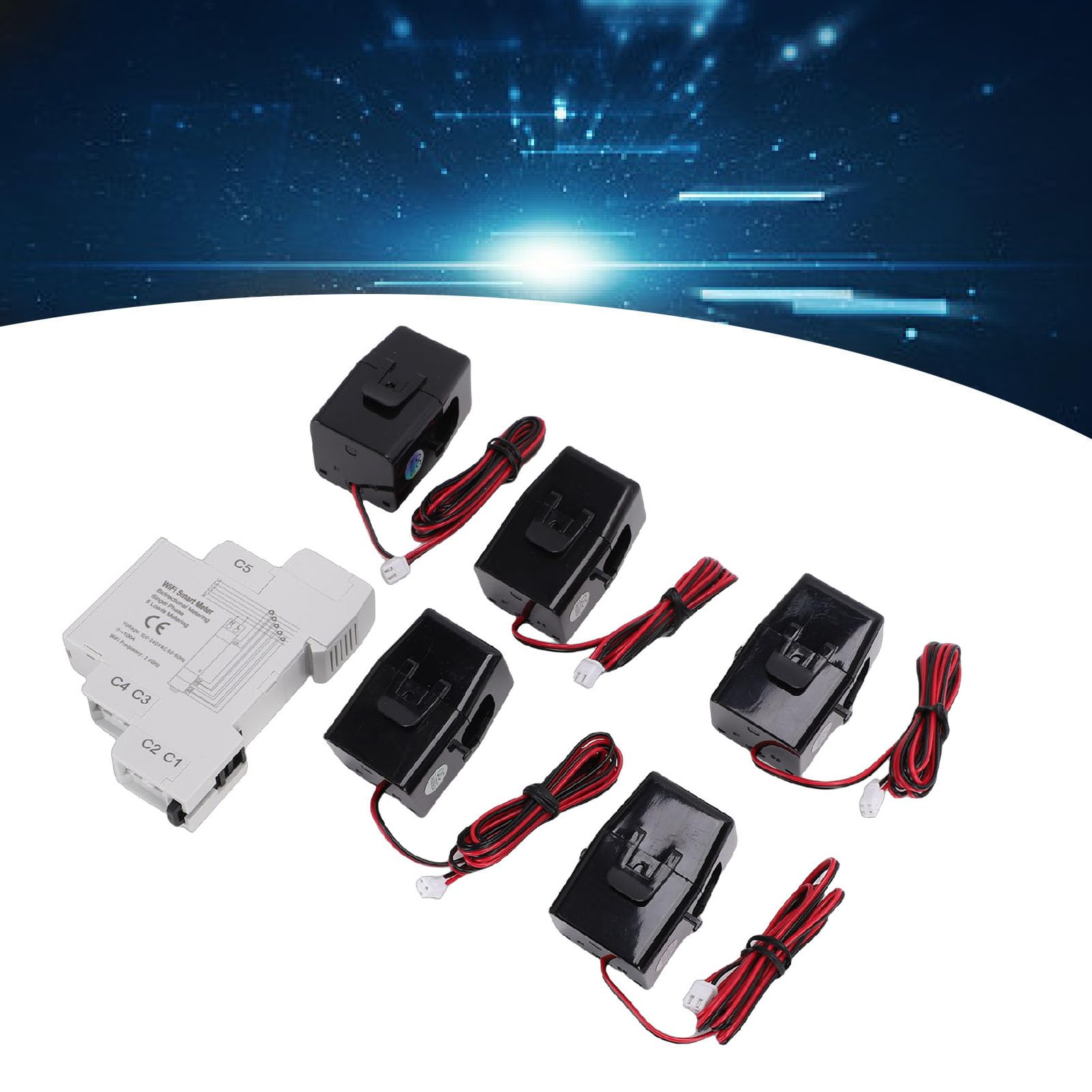 FILFEEL Medidor de Energía WiFi con Sensores de Circuito 5 × 100 A – Monitoreo Bidireccional de KWh Para/vida/asistente – Detección de Energía CA en Tiempo Real, Medición de Red Solar y Análisis de