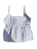 Women's Striped Button Front Flared Camisole Tops Shirred Spaghetti Strap Tank Top