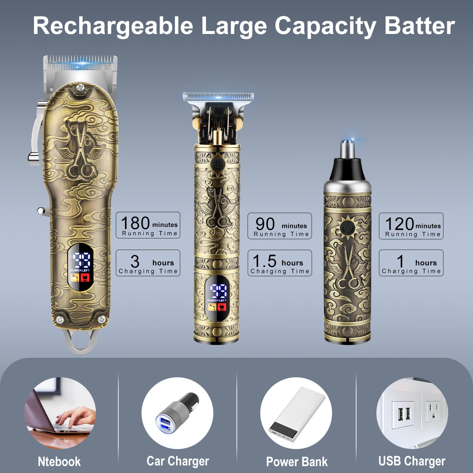 Set di tagliacapelli da uomo senza fili, professionale, con lama a T ricaricabile tramite USB, per barba/naso, kit per tagliare i capelli, regalo per uomini