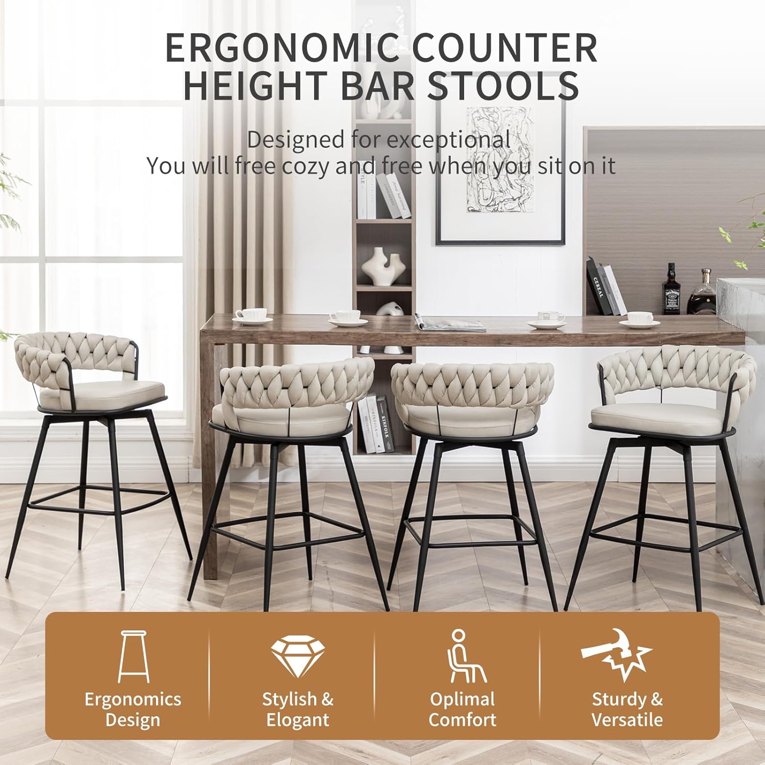 Canxkun Counter Height Bar Stools Set of 2, 26 inch Modern Bar Chairs with Woven Back, 360° Swivel Bar Stools for Kitchen Island, Cafe, Bar Counter (Beige)