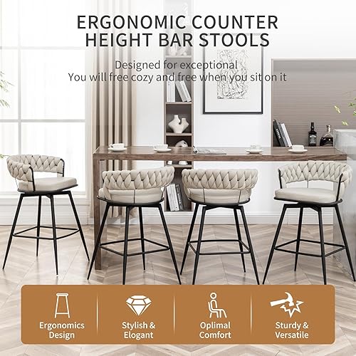 Miniatura 5 de Juego de 4 taburetes de bar de altura de mostrador, sillas de bar modernas de 26 pulgadas con respaldo tejido, taburetes de bar giratorios de 360