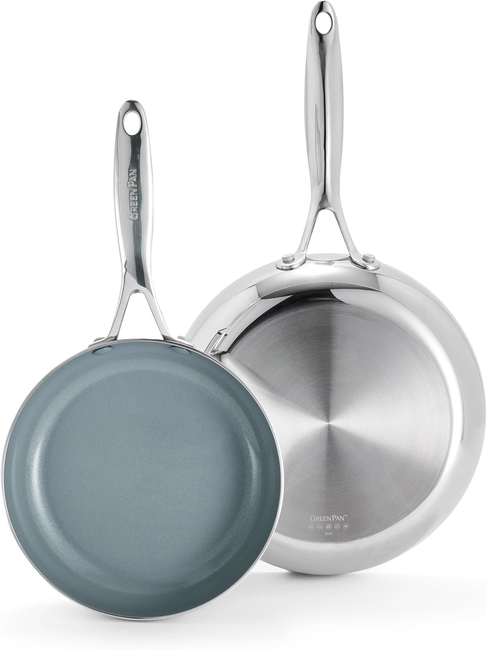Valencia Pro Tri-Ply Stainless Steel 8” & 10” Frying Pan Skillet Set, PFAS-Free Ceramic Nonstick Coating, Induction Ready Cookware, All Cooktops, Eggs & Omelets, Dishwasher & Oven Safe 600F