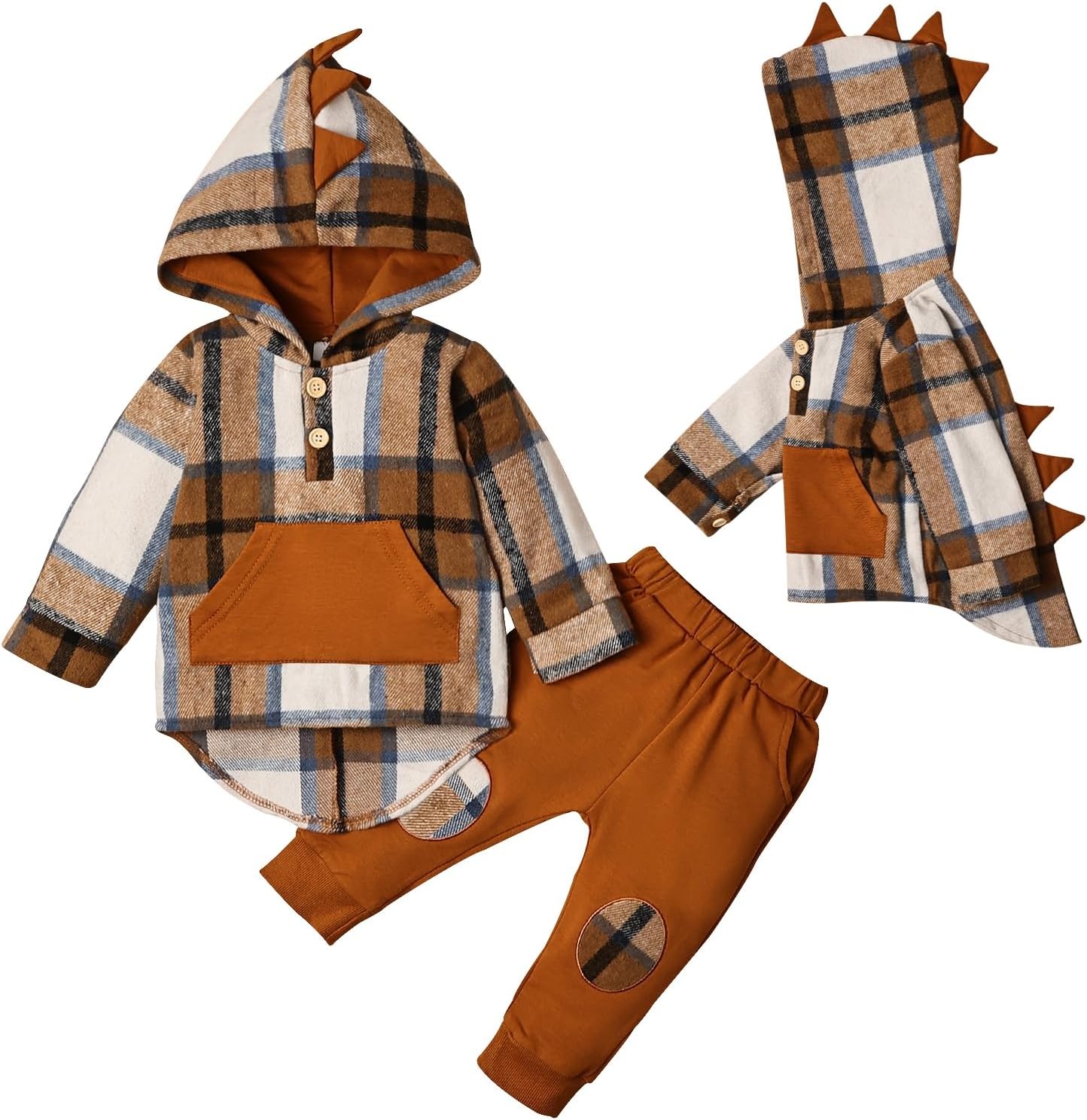 ODIMAMEToddler Baby Boy Clothes Long Sleeve Dinosaur Plaid Hoodie Sweatshirt + Pocket Pants Set 6 Months-4 Years