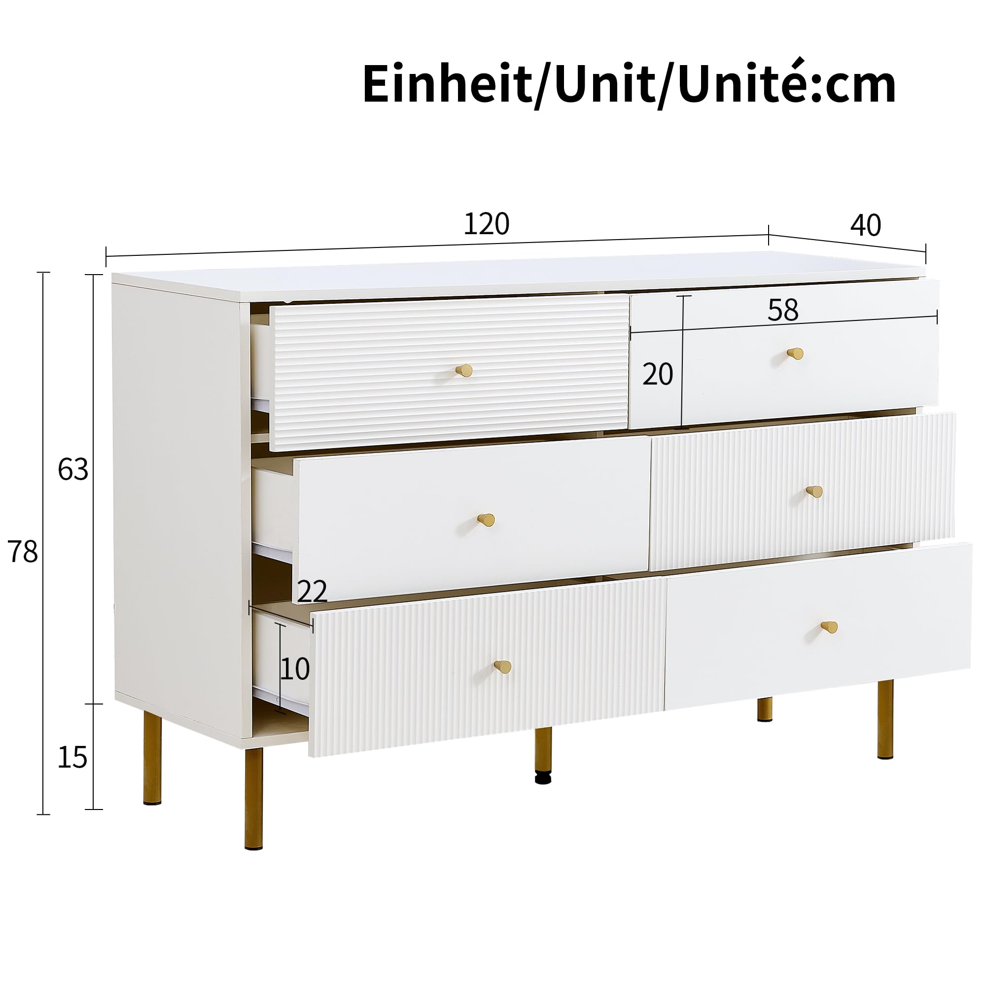 BTM Modernes 6-Schubladen-Kommode, Weiße Aufbewahrungs-Kommode mit Zinklegierung-Griffen & Stahlbeinen, 120×40×78cm MDF-Schrank für Schlafzimmer, Wohnzimmer, Eingangsbereich