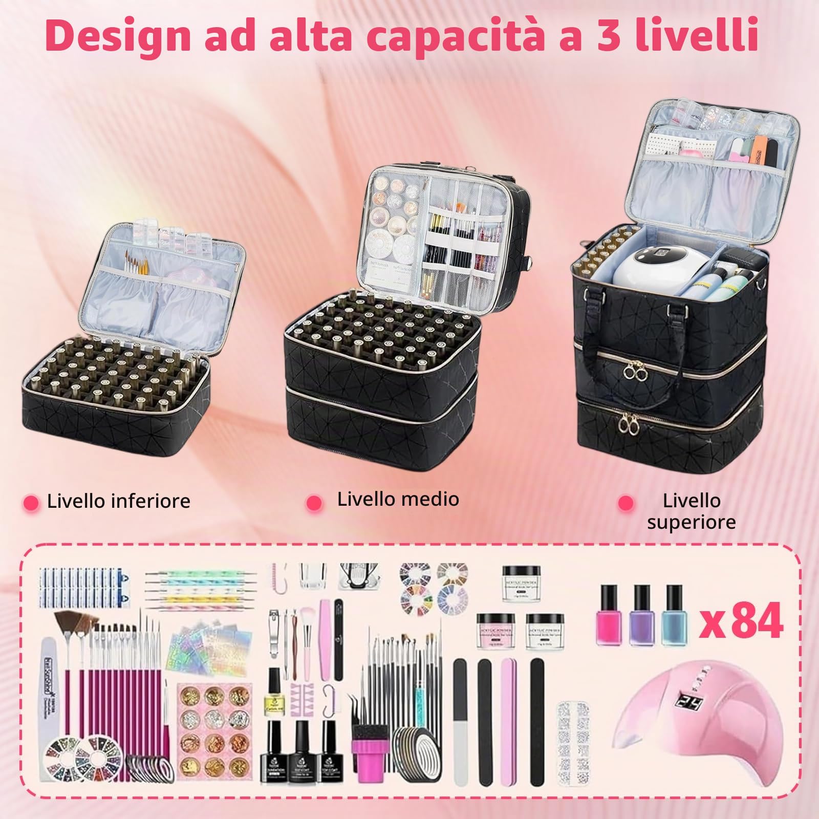 Porta Smalti Organizer Grande Capacità per 84 Bottiglie,Impermeabile | Valigia Unghie Professionale,Beauty Case Viaggio Staccabile e per Nail Art
