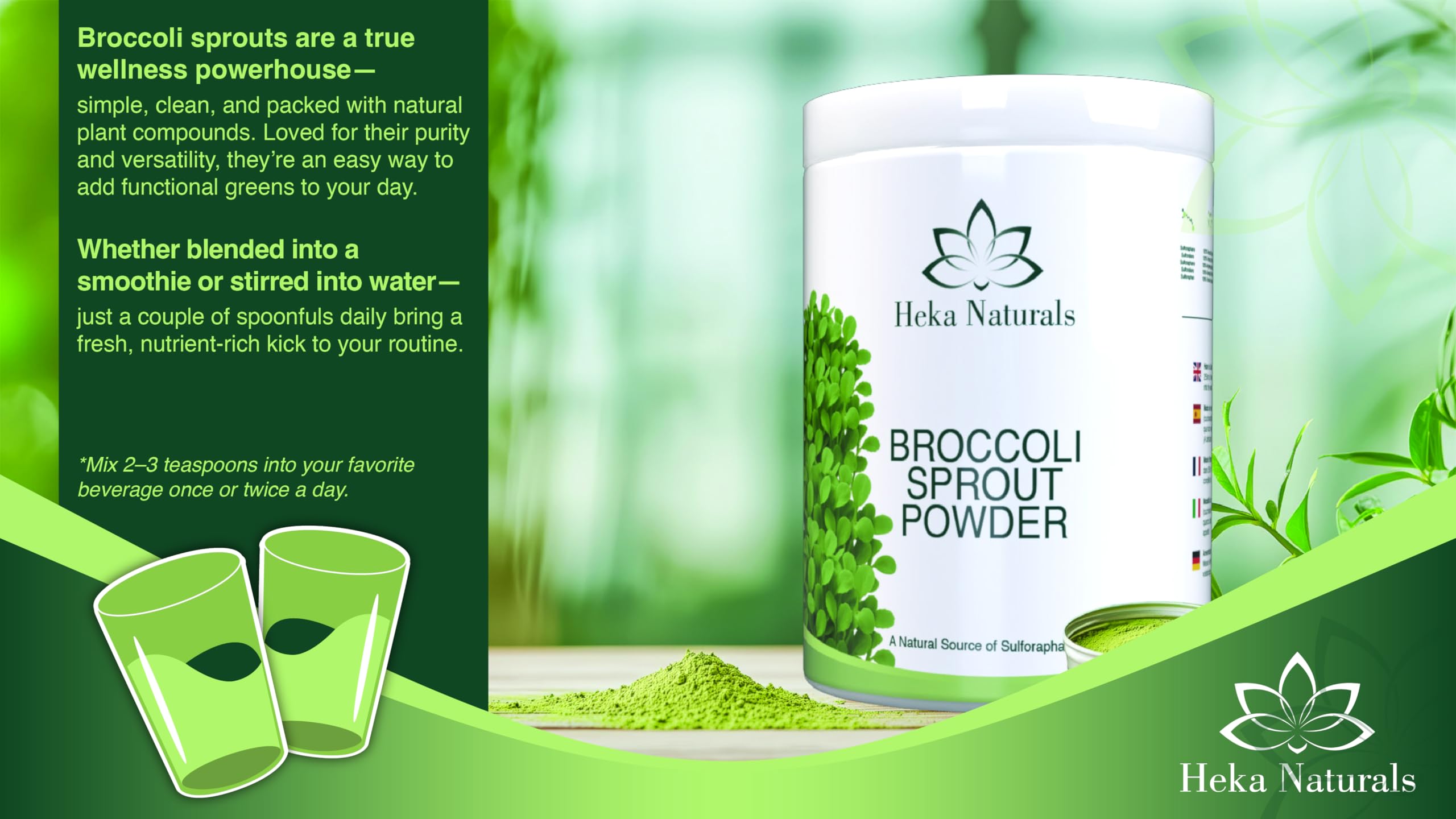 Heka Naturals Brote de brócoli en polvo, superalimento 100% puro de semillas germinadas, rico en sulforafano, vegano, sin OMG y libre de aditivos, 1000 g
