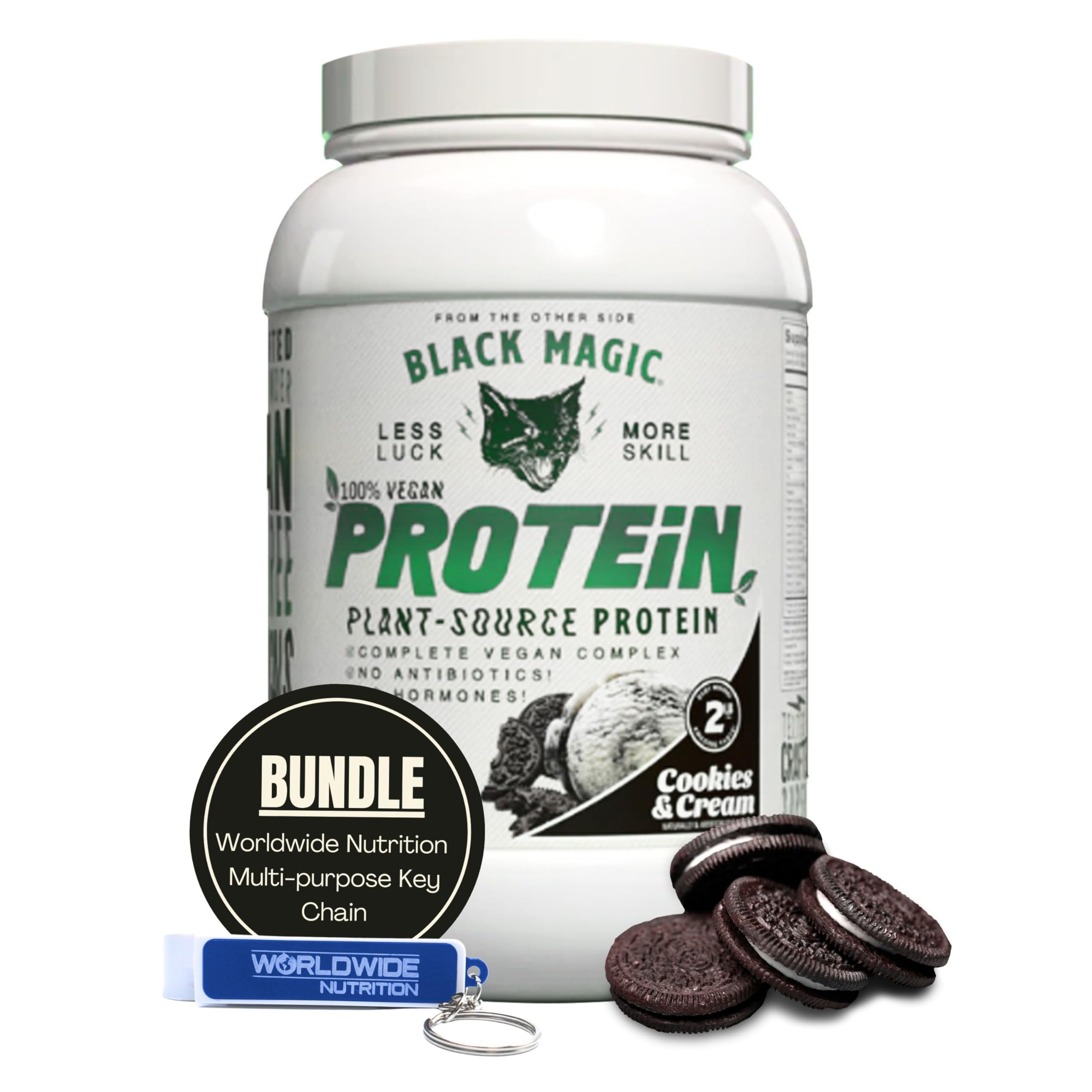 Worldwide NutritionBundle Compatible with Black Magic Multi-Source Protein Powder - Vegan Cookies and Cream | High Protein Powder, Low Carb, Low Sugar | Whey, Egg & Casein Blend - 2 LB with Keychain
