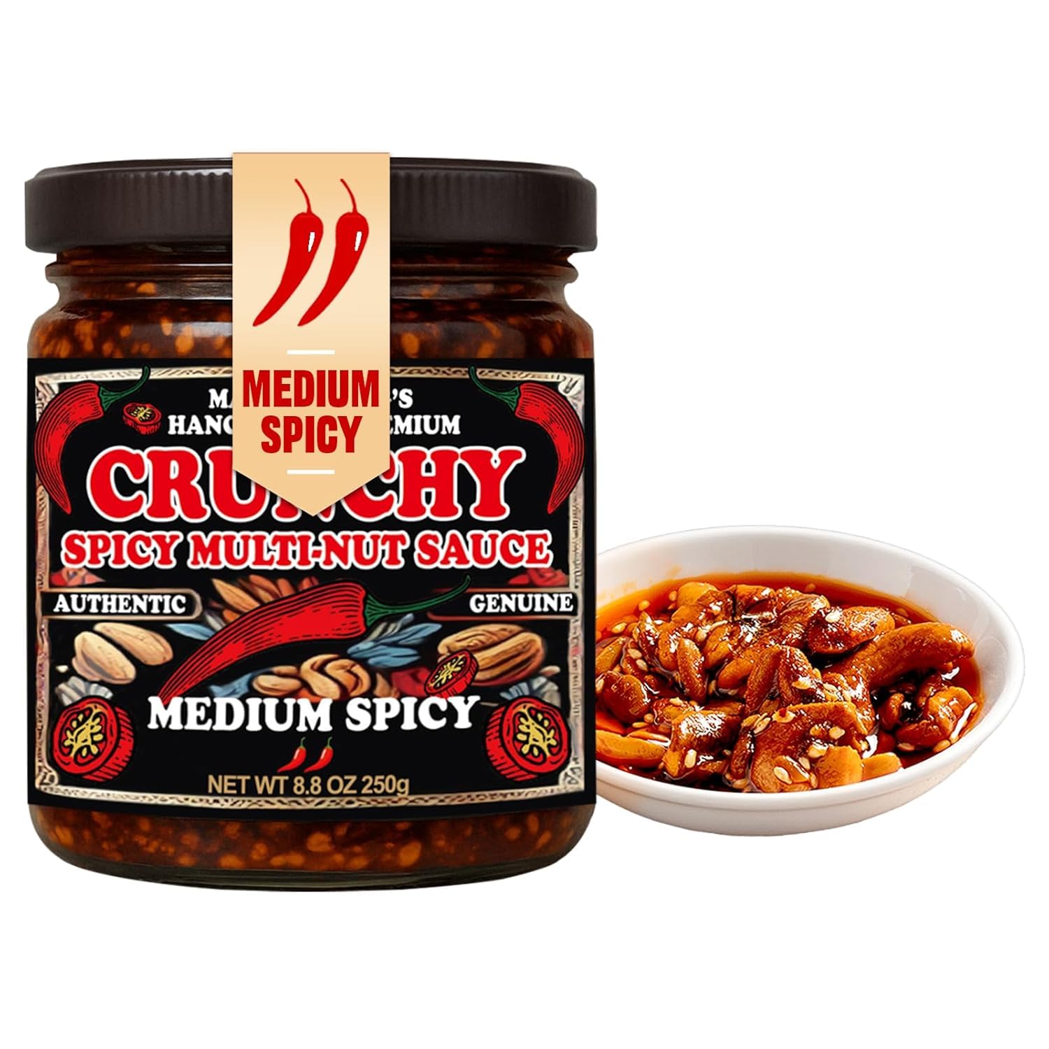 NÜLIFE Chili Crisp with Crunchy Nuts – Sichuan-Style Chili Oil with Cashew, Walnut, Peanut, Sesame, Sunflower Seed – Vegan, Gluten-Free, Savory Spicy Sauce – Medium Heat & Tangy – 8.8