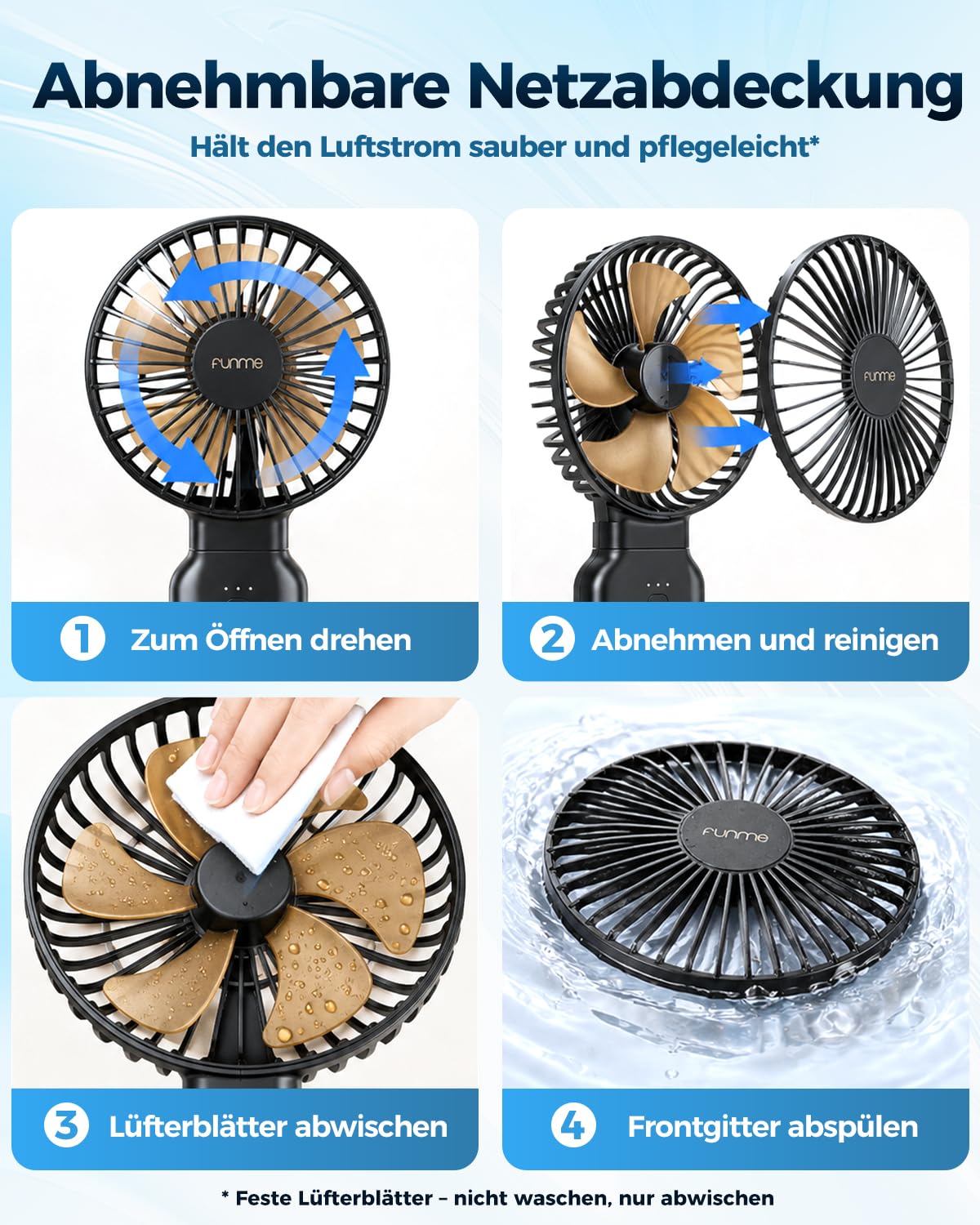 Funme Handventilator 10000mAh, 53H Laufzeit Tragbarer Lüfter mit Powerbank, Ventilator Hand 4 Stufen Großes Flügelrad, 180° Klappbar für Reise Outdoor Camping Büro Tisch - Schwarz