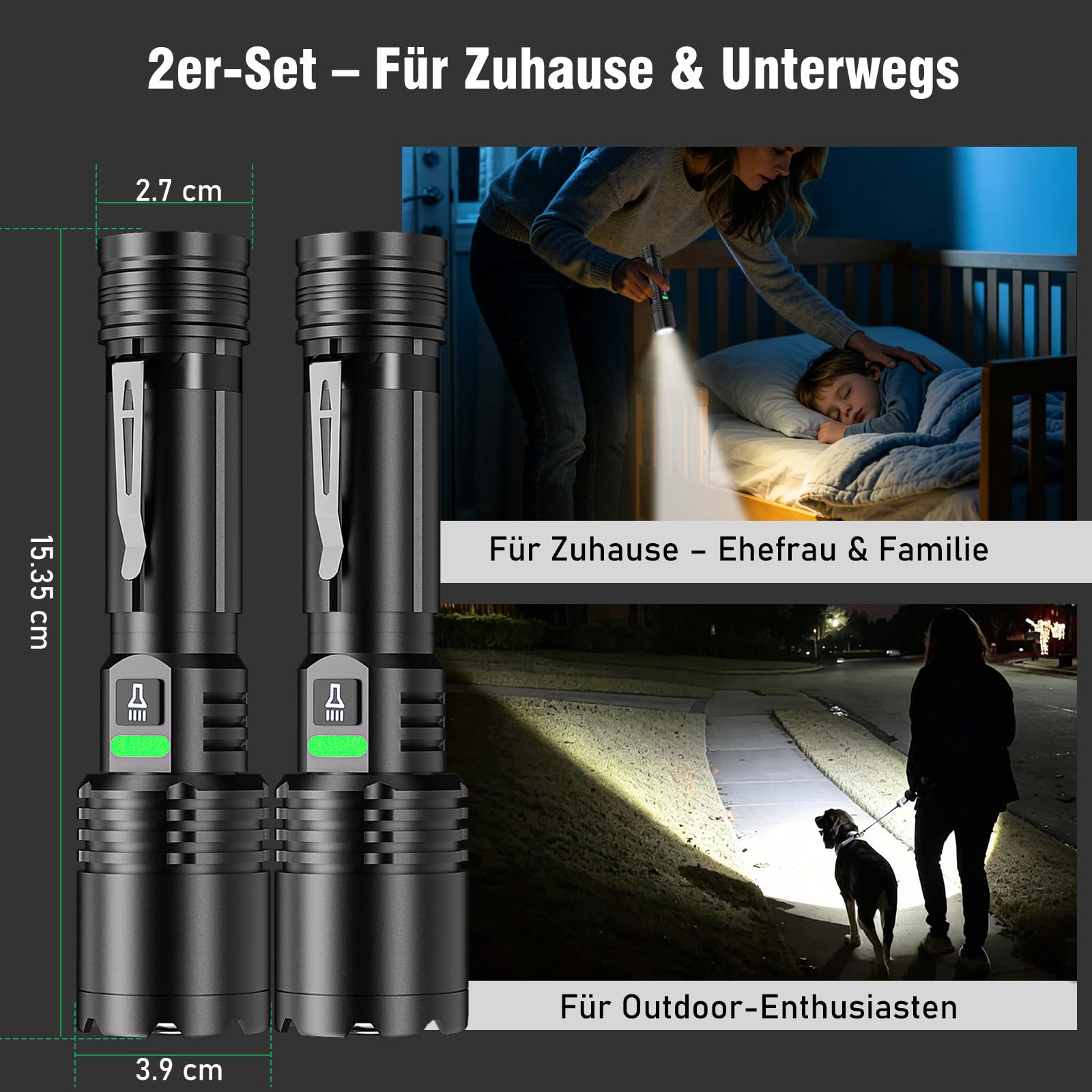 Shadowhawk 2 sztuki latarka LED do ładowania, 5000 lumenów, bardzo jasna latarka taktyczna z grubościenną aluminiową obudową (3 mm), 3 tryby, USB-C i klips – na kemping/na zewnątrz/w sytuacjach