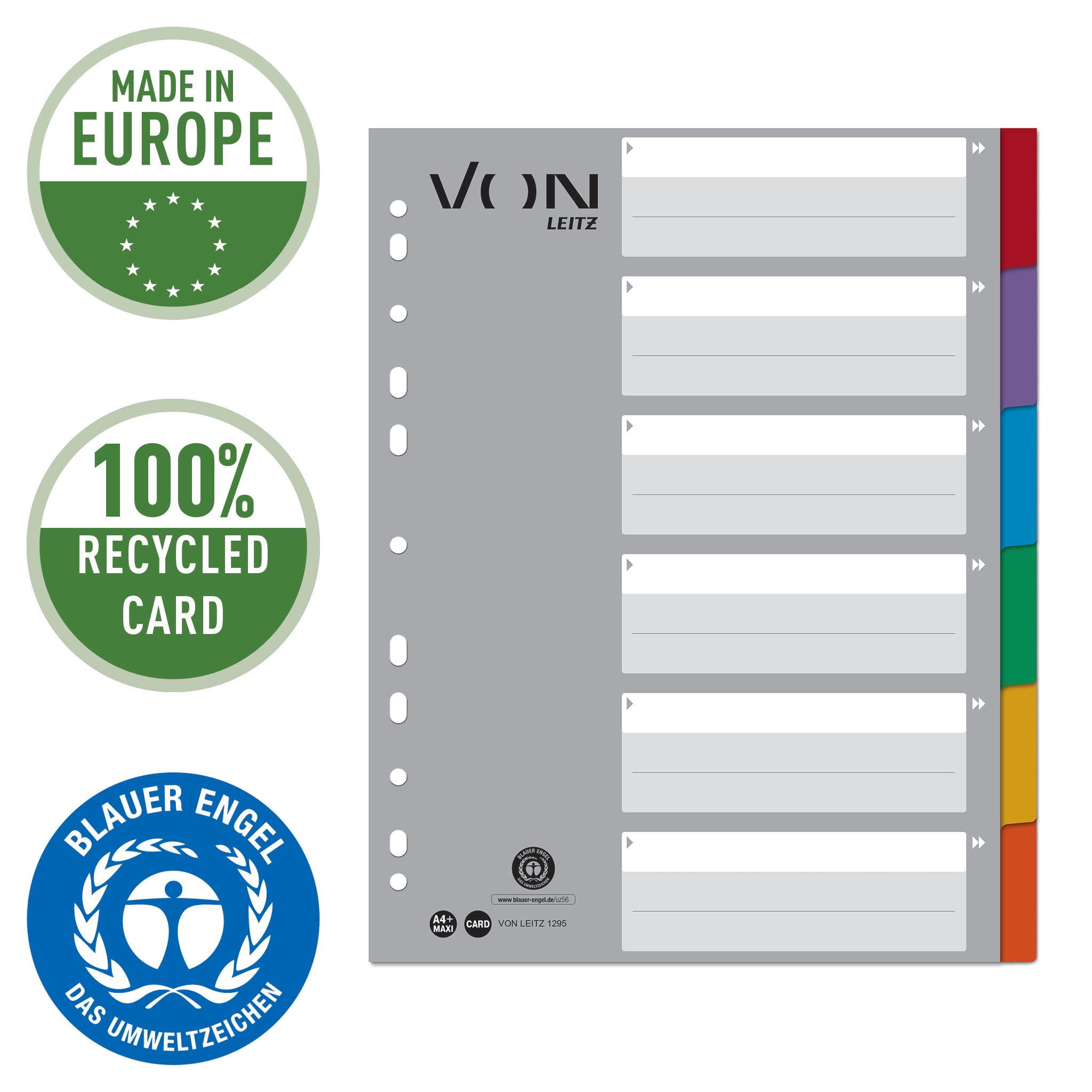 VON Leitz 12950000 Pack of 10 6-Piece Index A4 Blank Dividers for Folders Extra Wide, 100% Recycled Cardboard - Image 2