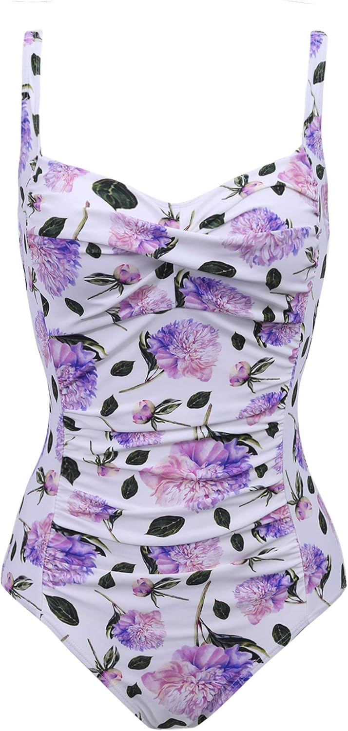 Joyaria Womens Retro One Piece Swimsuit Tummy Control Slimming Bathing Suit Ruched Swimwear(Size 6-24w)