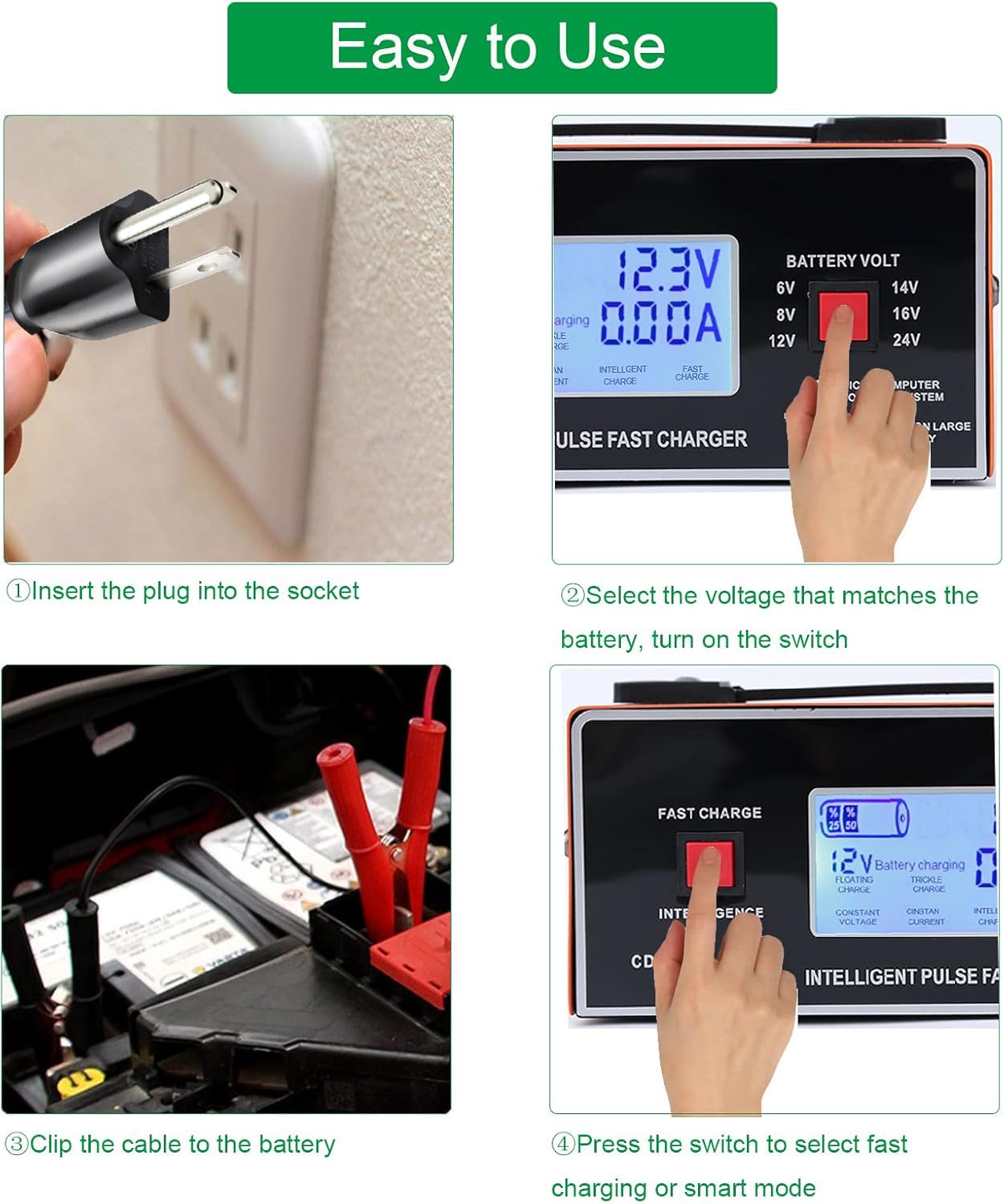 Cargador de batería de 6/8/12/14/16/24 voltios para automóvil 0-10A, cargador de batería inteligente JYEASTZ para coche, mantenedor y cargador totalmente automático con abrazaderas de cable y asa