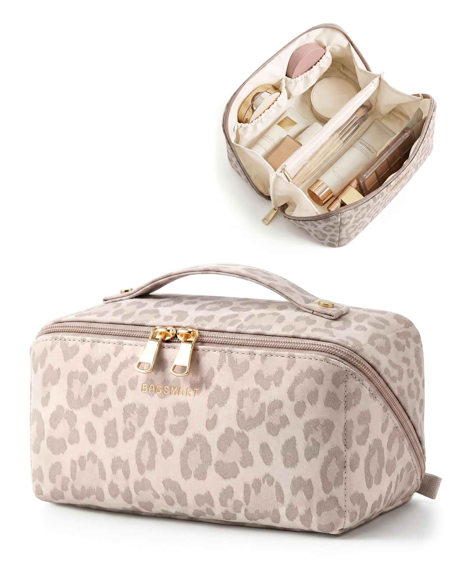 BAGSMART Makeup Bag Travel Cosmetic Bag,Women Toiletry Case, Pink Leopard Make Up Bag Flat Open Toiletry Bag for Women, PU Leather Travel Essentials Wide-open Skincare,Brushes Organizer Case Large