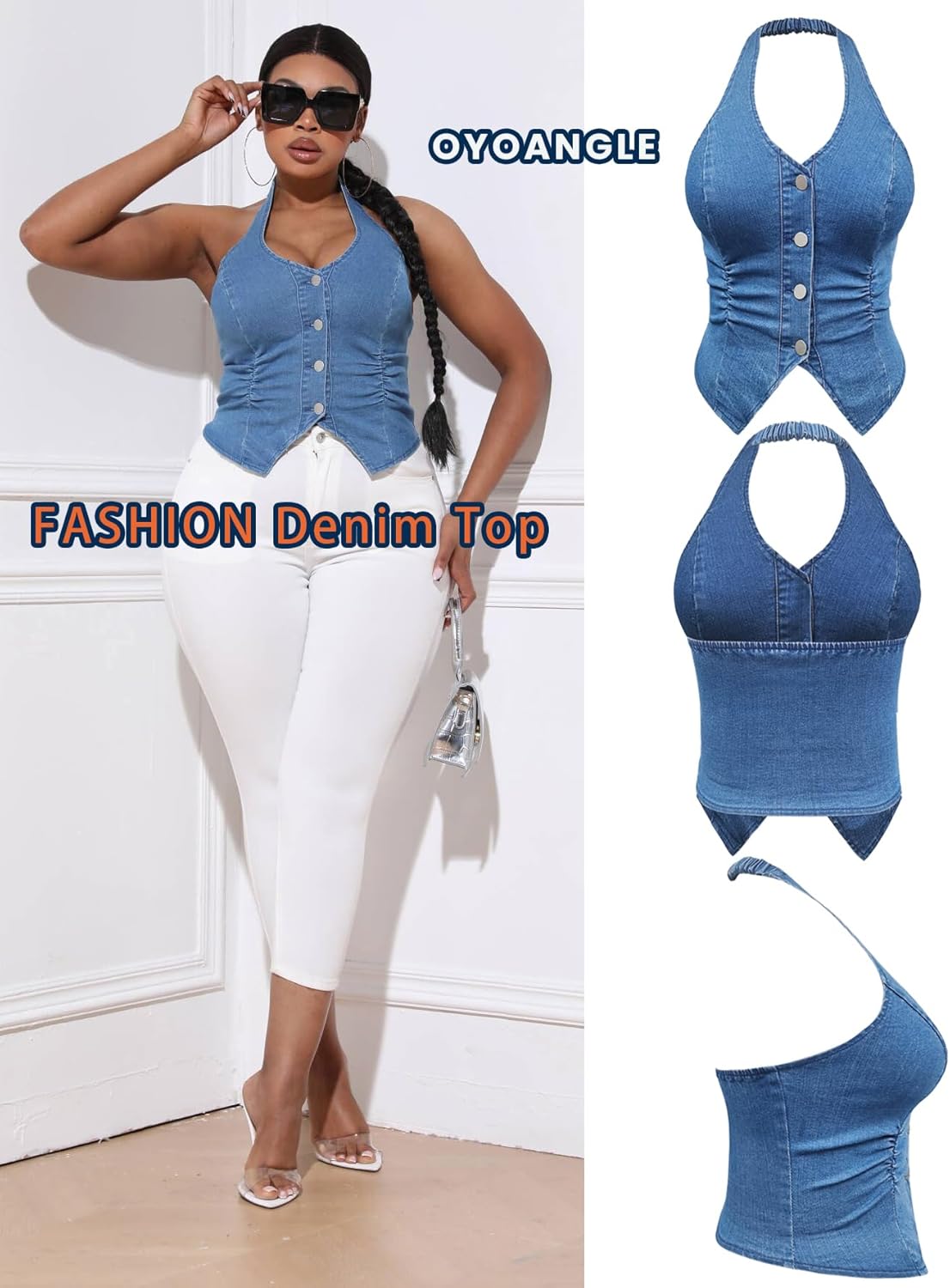 OYOANGLE Women's Plus Size Denim Top Button Front Halter Sleeveless Ruched Jean Vest Tank Concert Outfits - Image 4