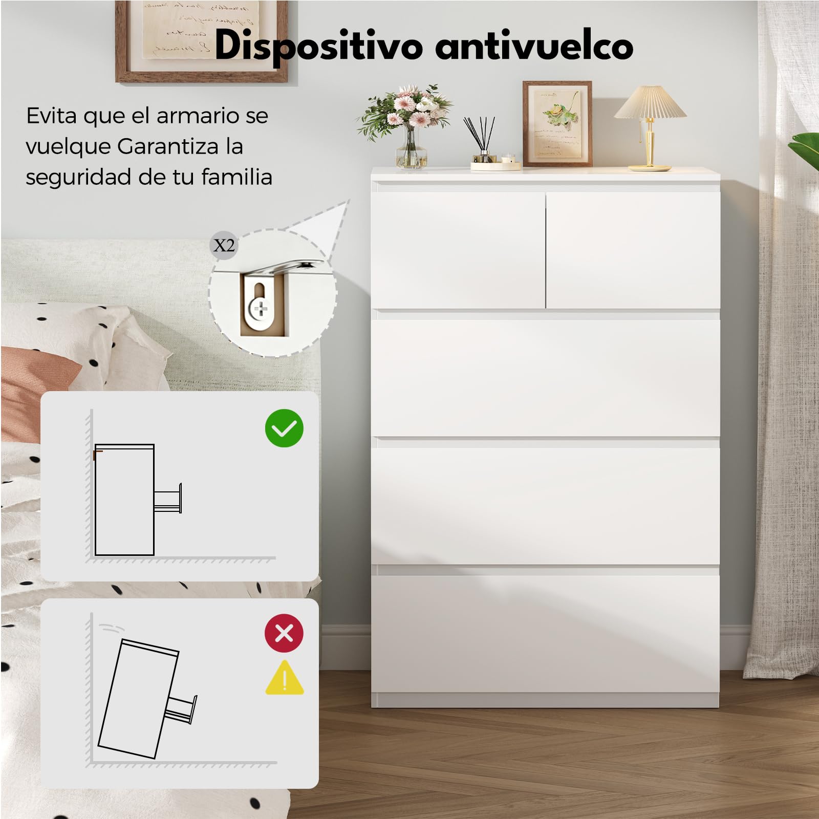 BEWISHOME Comoda Dormitorio,Cajonera con 5 Cajones,Cajonera Blanca,Comodas y Cajoneras,Cómoda Moderno para Pasillo,Salon,Tirador Oculto,68x38x94 cm,EKCG07W