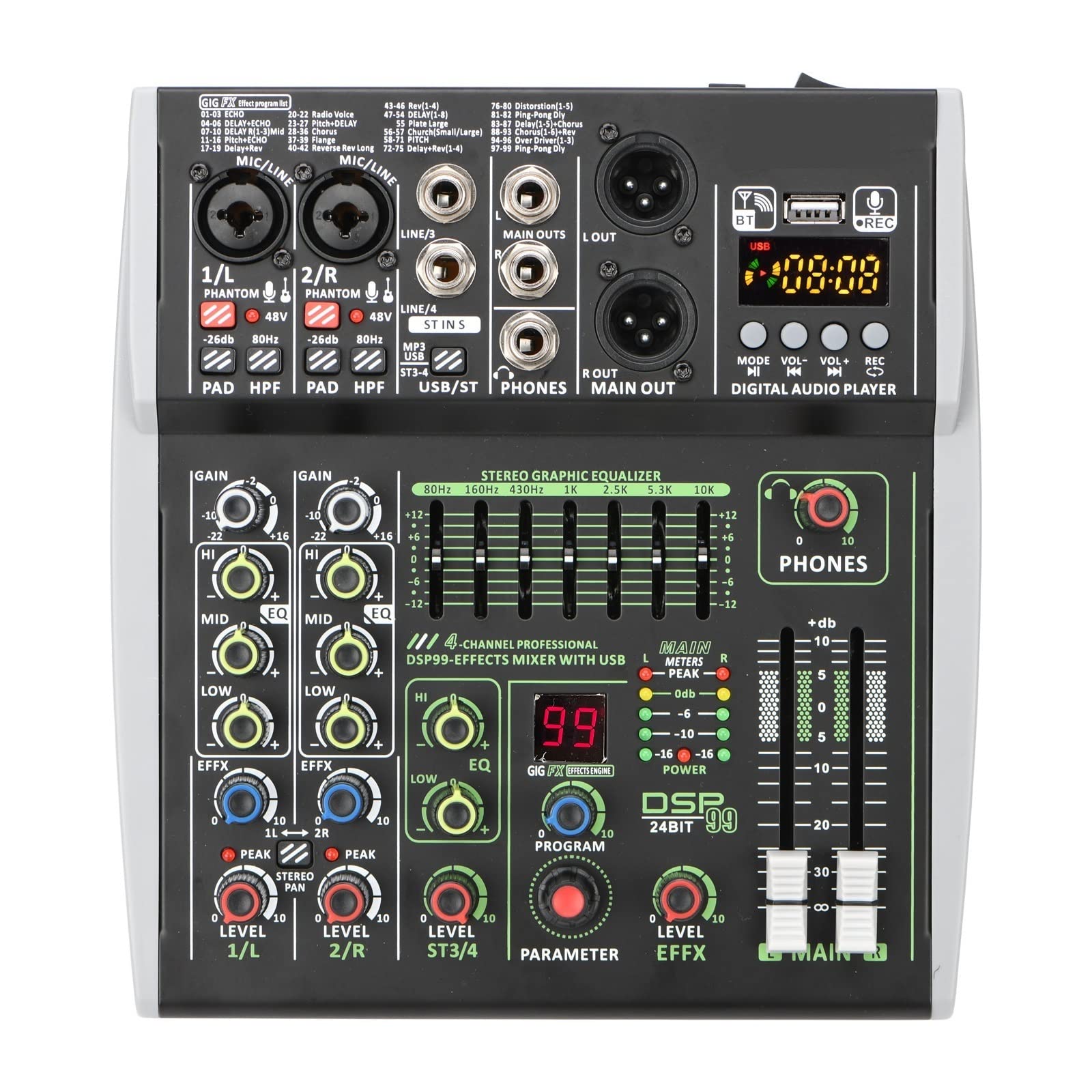 Mezclador de DJ, Mini consola mezcladora de 4 canales Individual +48V 99 DSP Efectos USB Ordenador Mezclador de reproducción y grabación, Decks de DJ