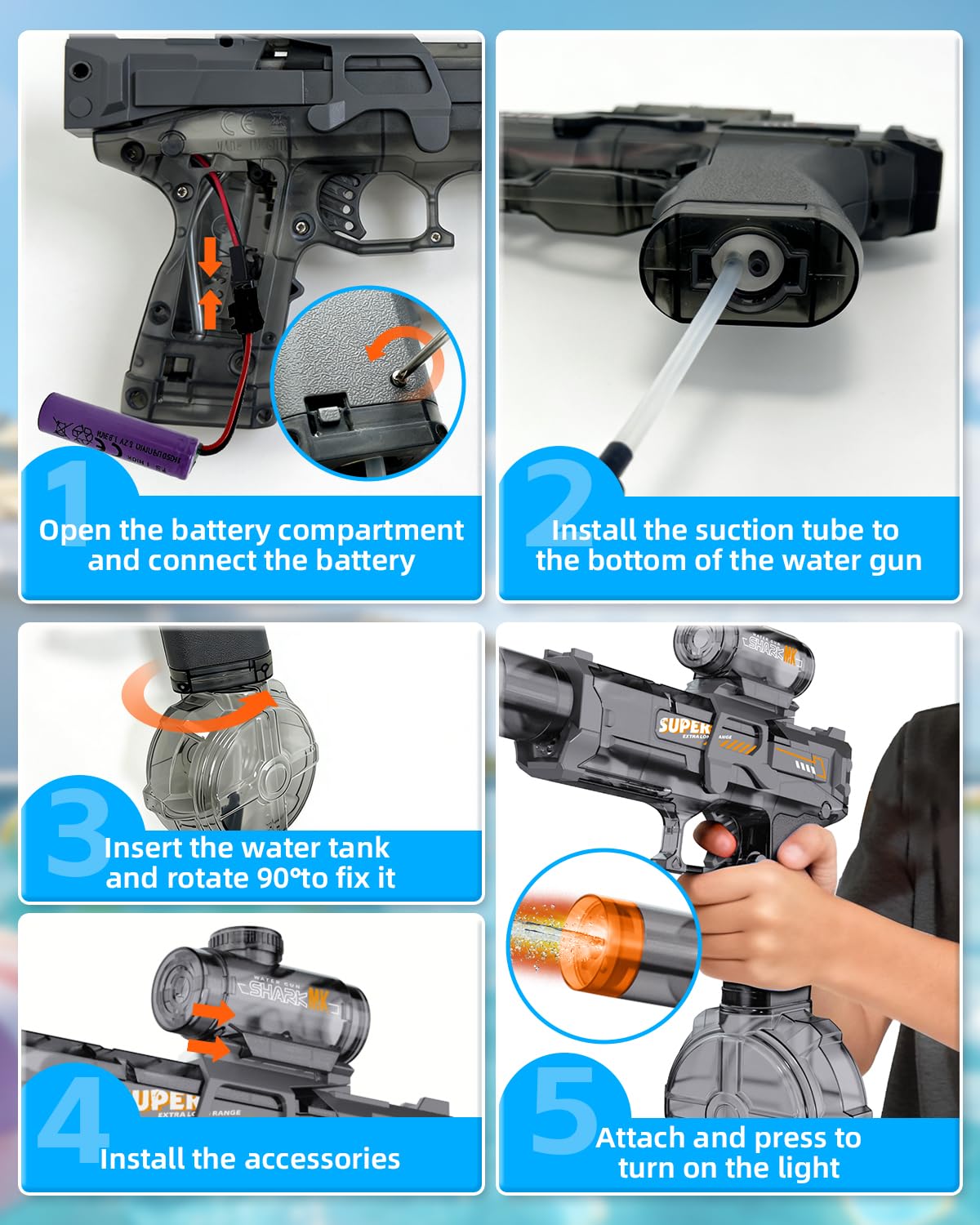 2 Piezas Pistola de Agua Eléctrica, Pistola de Agua Niños con Llama LED, Gran Capacidad Recargable Pistola de Agua Automática, Alcance 8-10 M, Exterior Juguetes para Niños 3+, Piscina, Playa, Fiesta